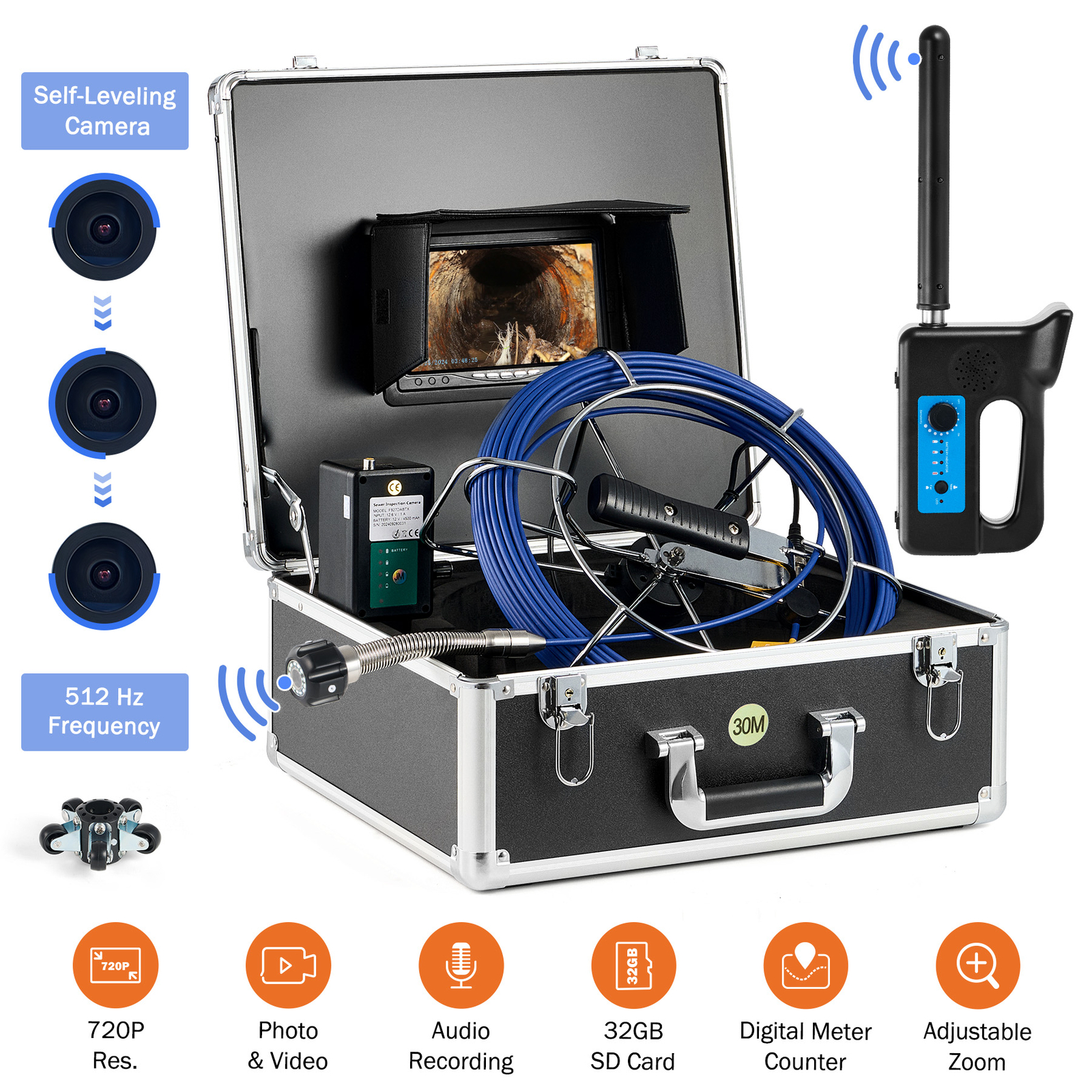7″ Self-Leveling Sewer Camera 100ft Pipe Inspection Camera w 512Hz Locator 32GB