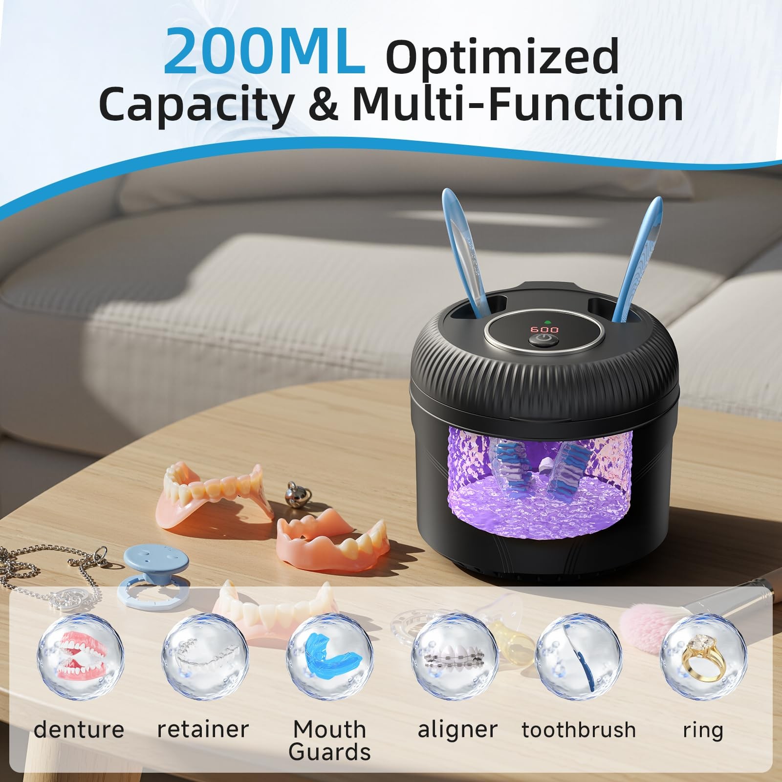 Ultrasonic Retainer Cleaner Machine, 45kHz Dental 4.33×4.33×3.82 Inch, black