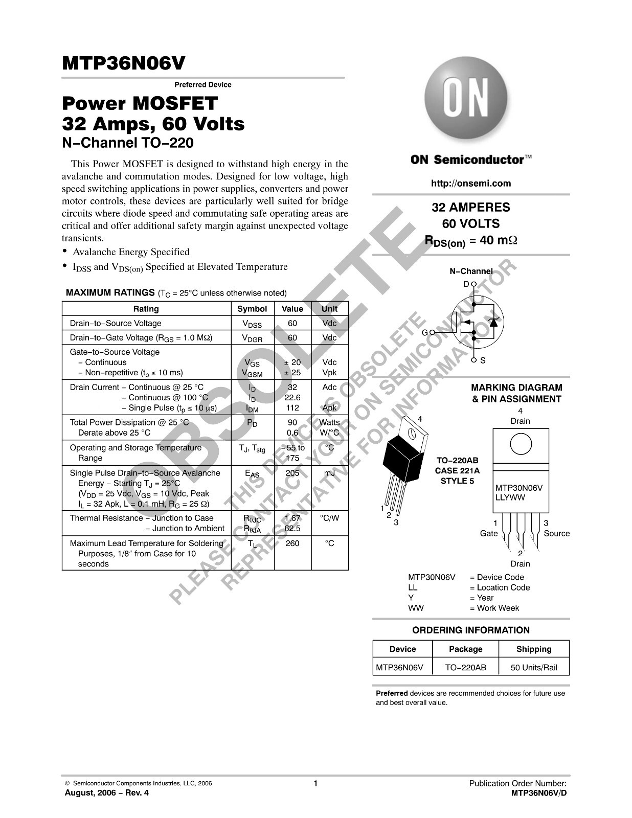 MTP36N06 P36N06 NCHANNEL 60V 30A 90W 40mΩ MOSFET ST TO220 NOS Qty(10)