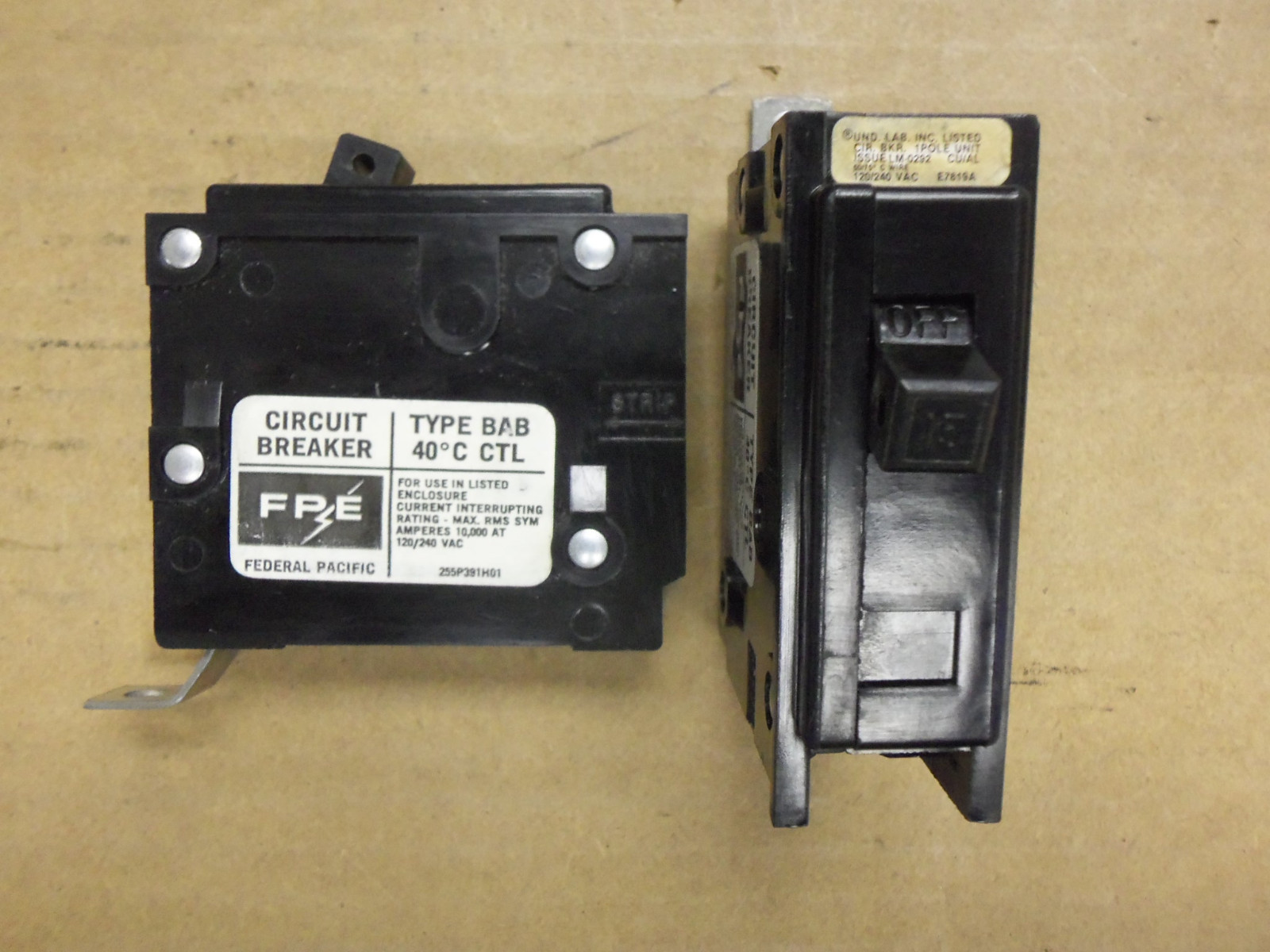 Federal Pacific BAB BAB1015 1 pole 15 amp 120/240v Circuit Breaker BAB1015 BA