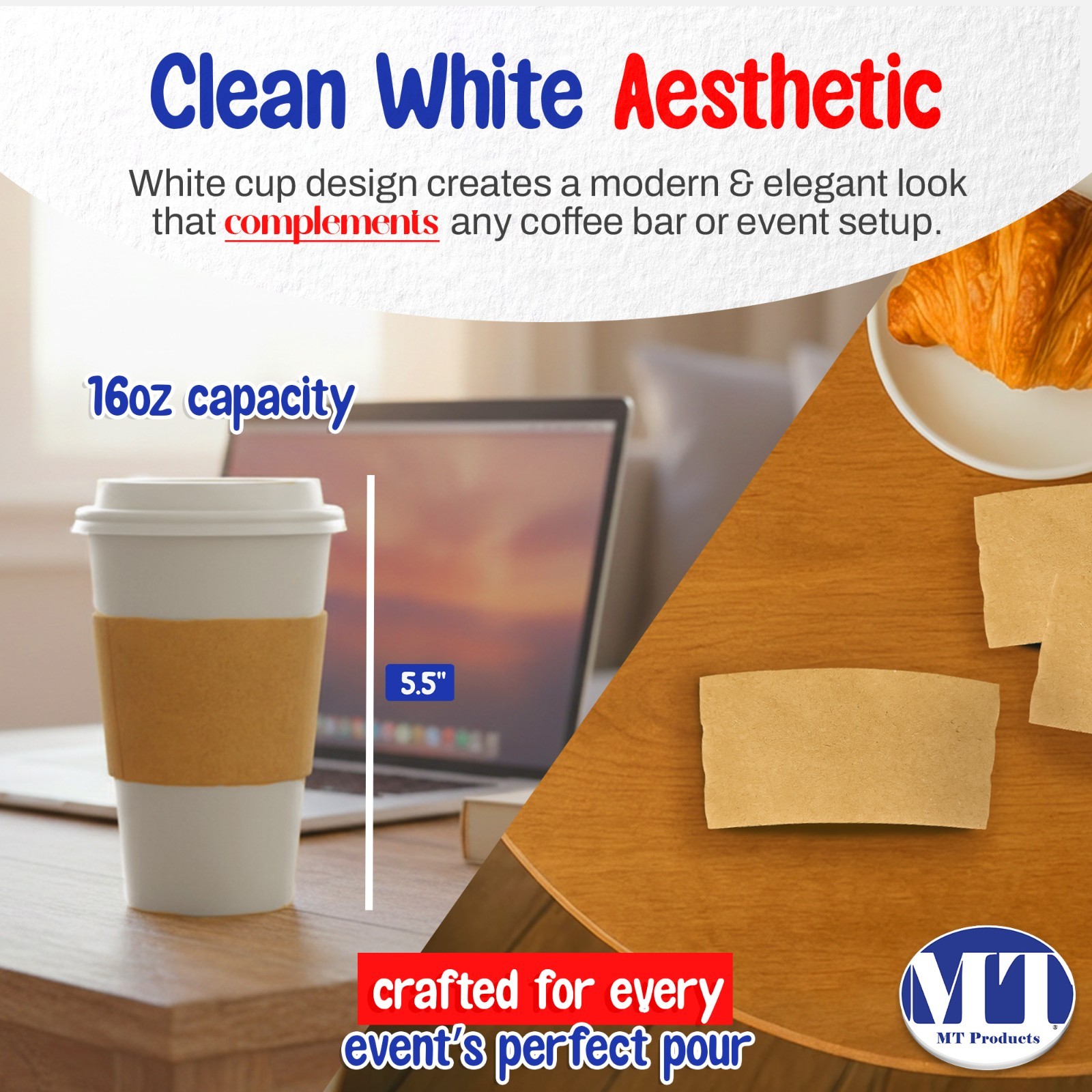 MT Products 16 oz Paper Coffee Cups with Lids and Sleeves – Set of 30