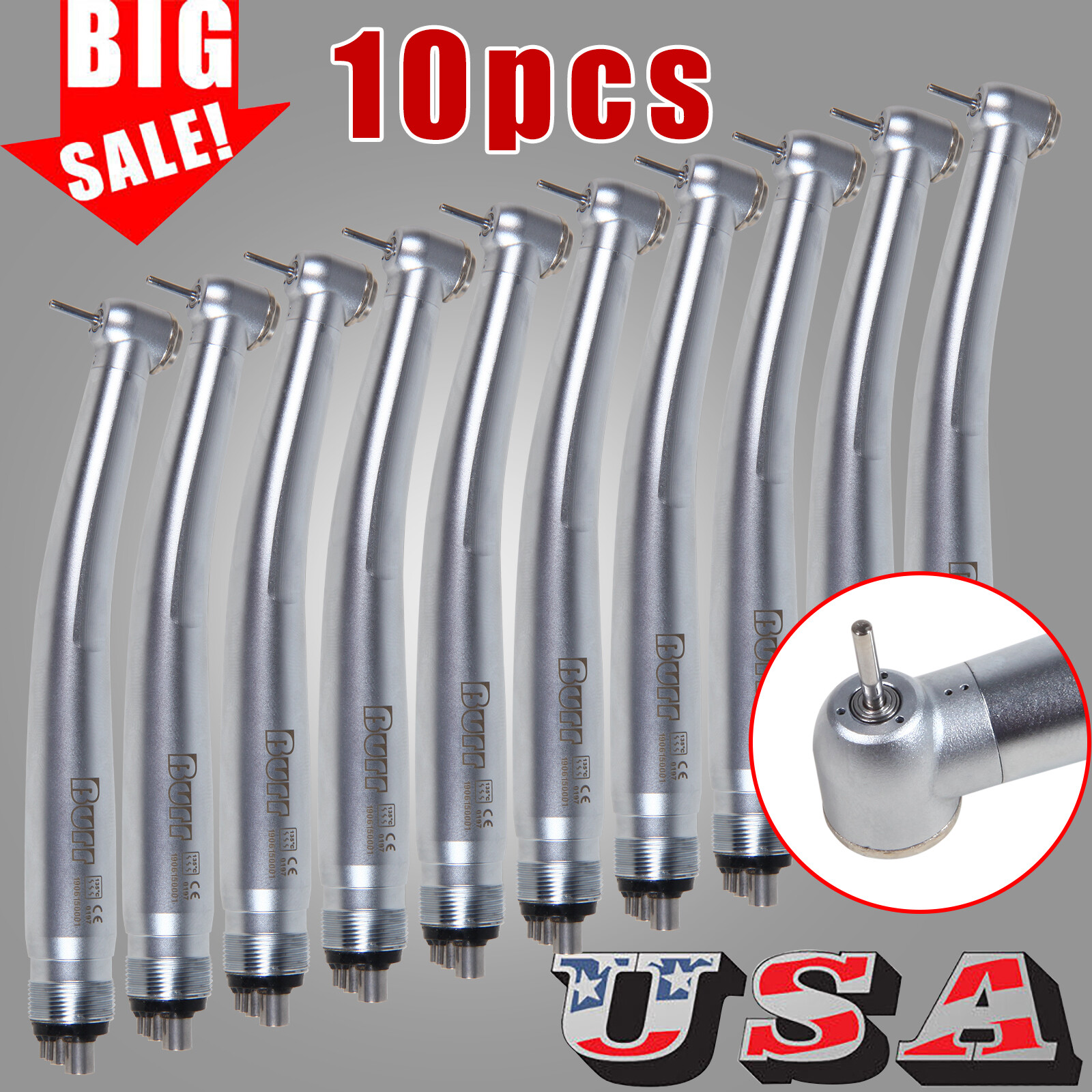 10 Pcs BURR NSK PANA MAX Style Dental High Speed Turbine Handpiece 4Hole U3BM