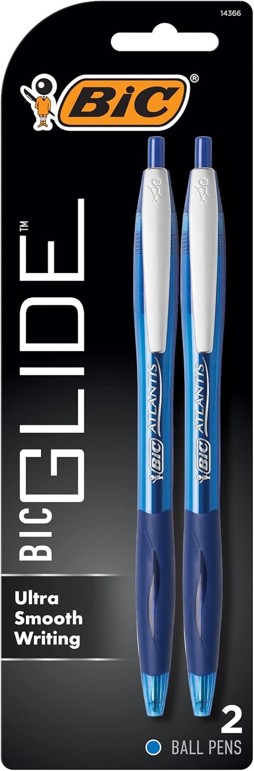 BIC Glide Blue Retractable Ballpoint Pens, Medium Point 1.0mm, 2-Count Pack
