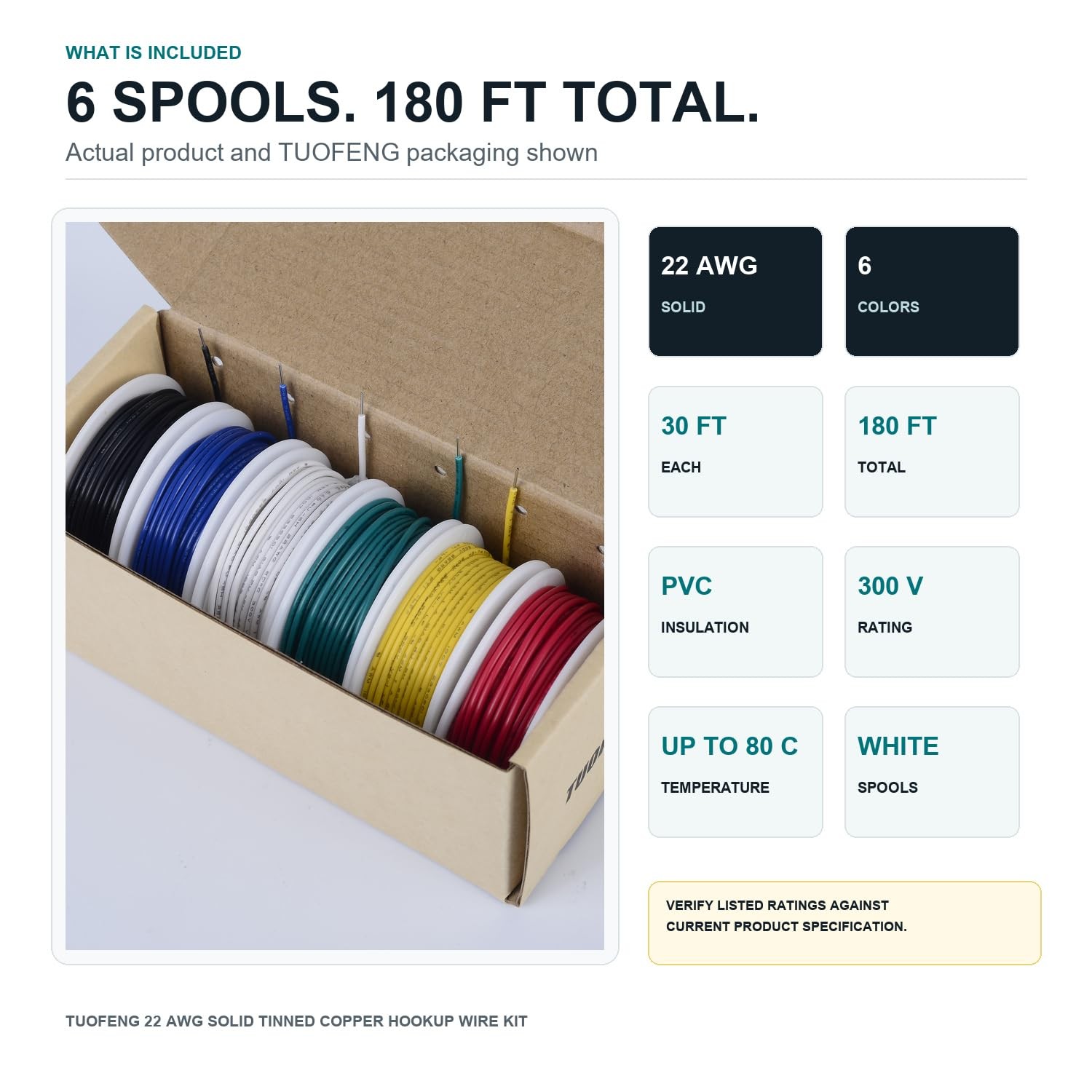 22 AWG Solid Wire Kit, 6 Colors, 30 ft Each, Tinned Copper