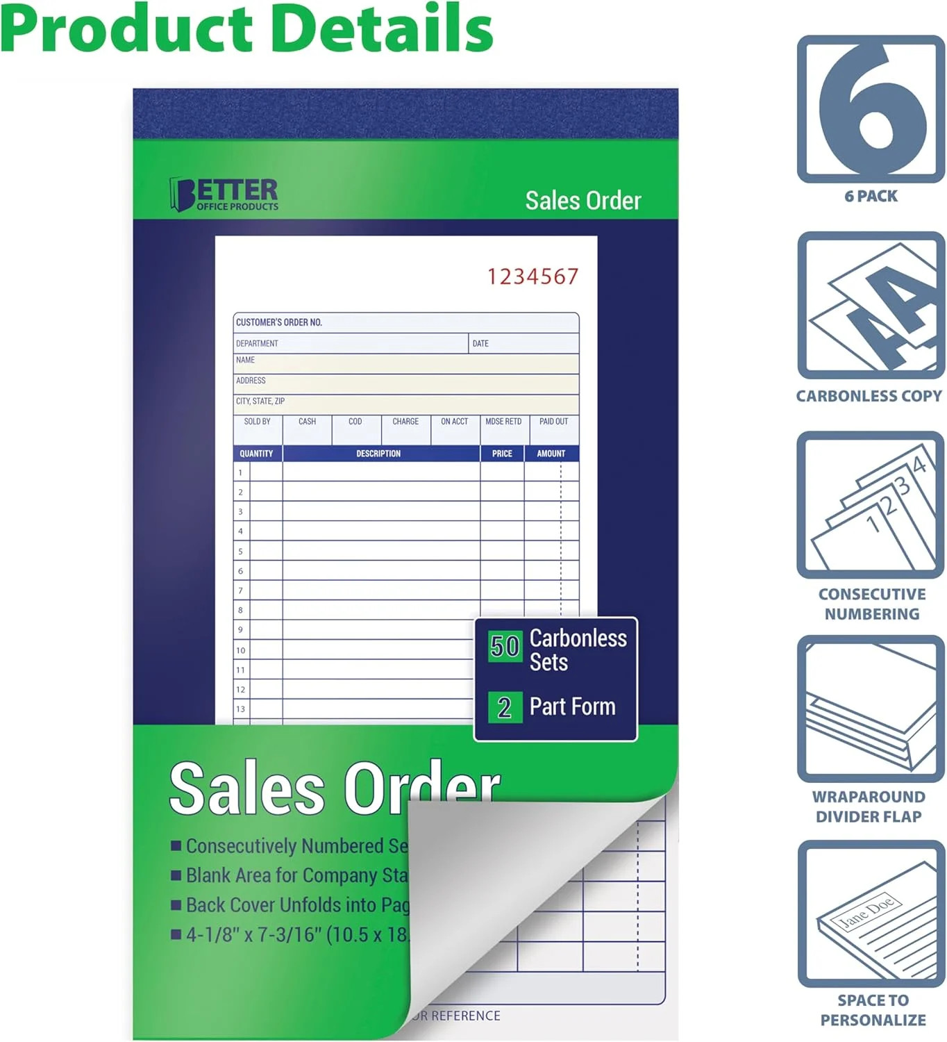 Better Office Products Sales Order Books, 6 Pack, 2-Part Carbonless (White/Canar
