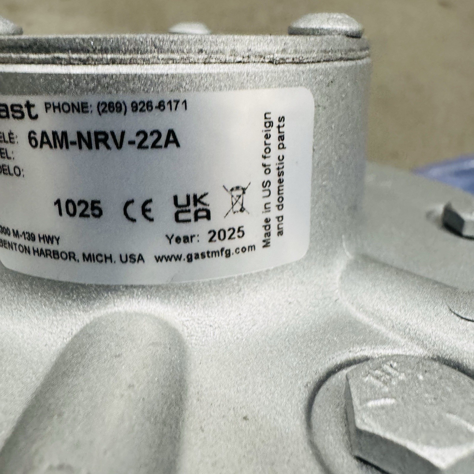 Gast 6AM-NRV-22A 4 HP 3000 RPM CW/CCW Reversible Vane Air Motor