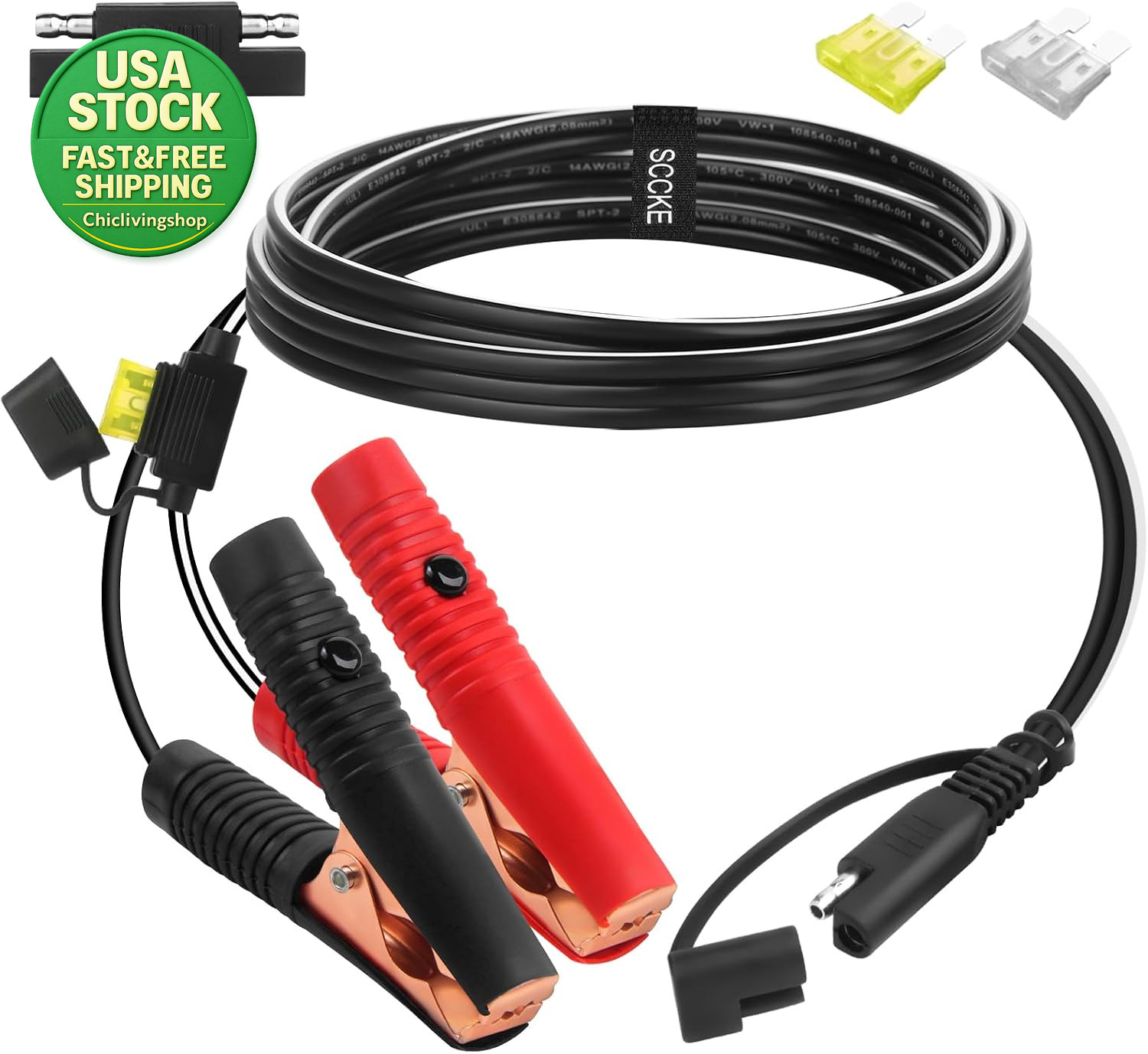4.9FT 14AWG Battery Alligator Clip to SAE Connector Extension Cable with Fuse