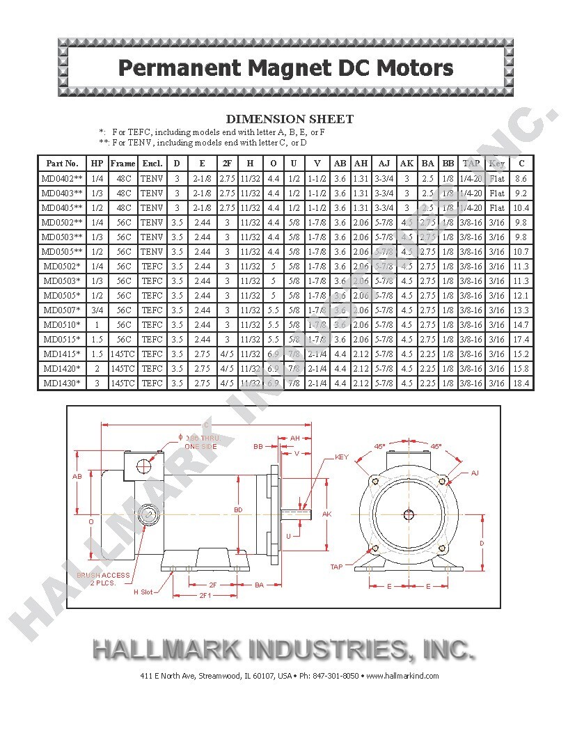 DC MOTOR, 1/2HP, 56C, 12V, 1750RPM, TEFC, Hallmark Industries, MD0505E