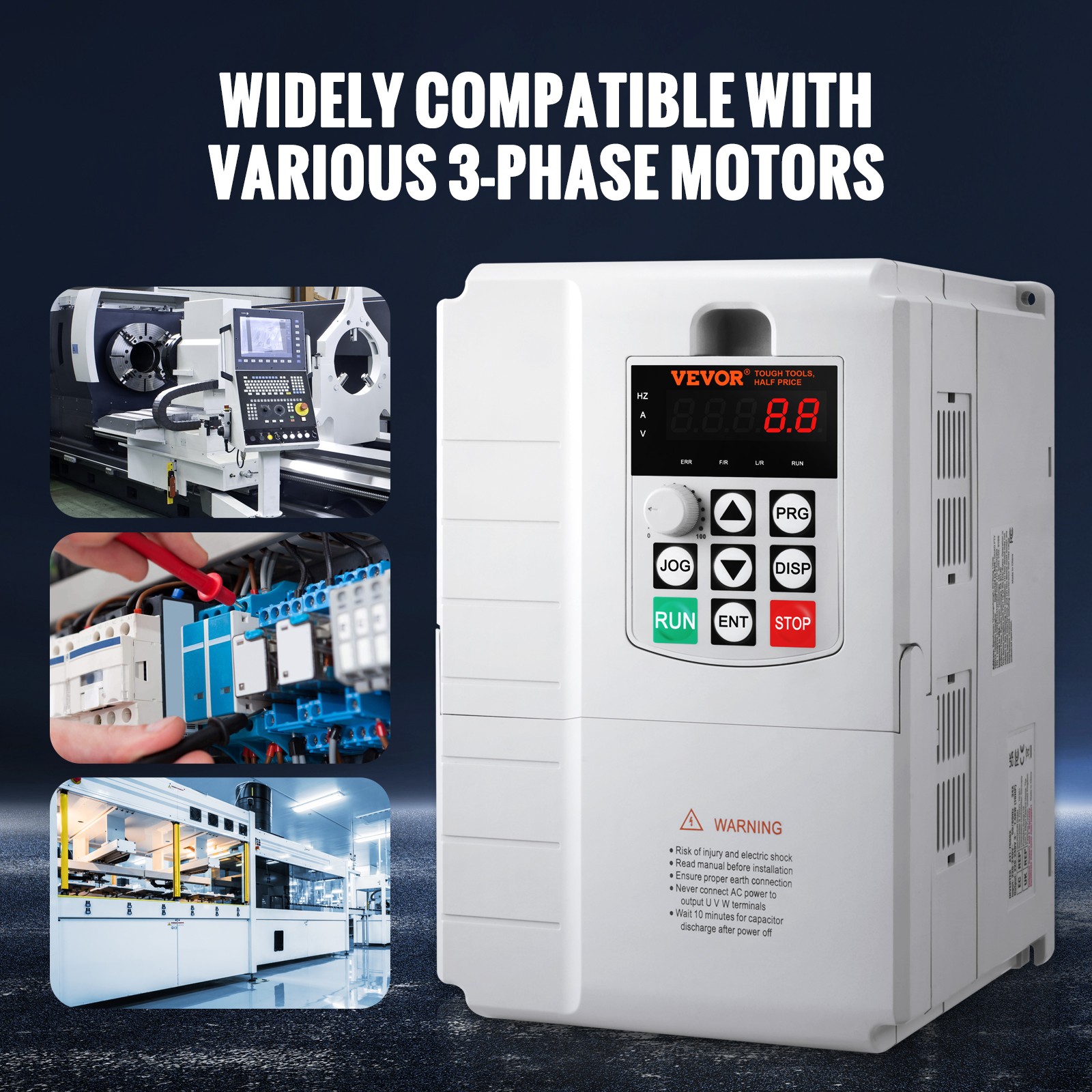 VEVOR VFD 7.5KW,34A,10HP Variable Frequency Drive for3-Phase Motor Speed Control