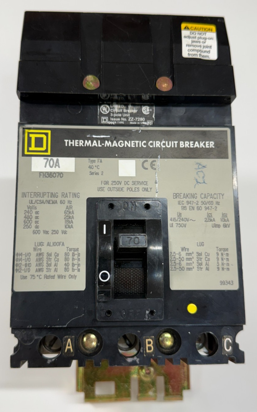 Square D FH36070 70Amp 3Pole 600V 25kA I-Line Circuit Breaker High Interrupting