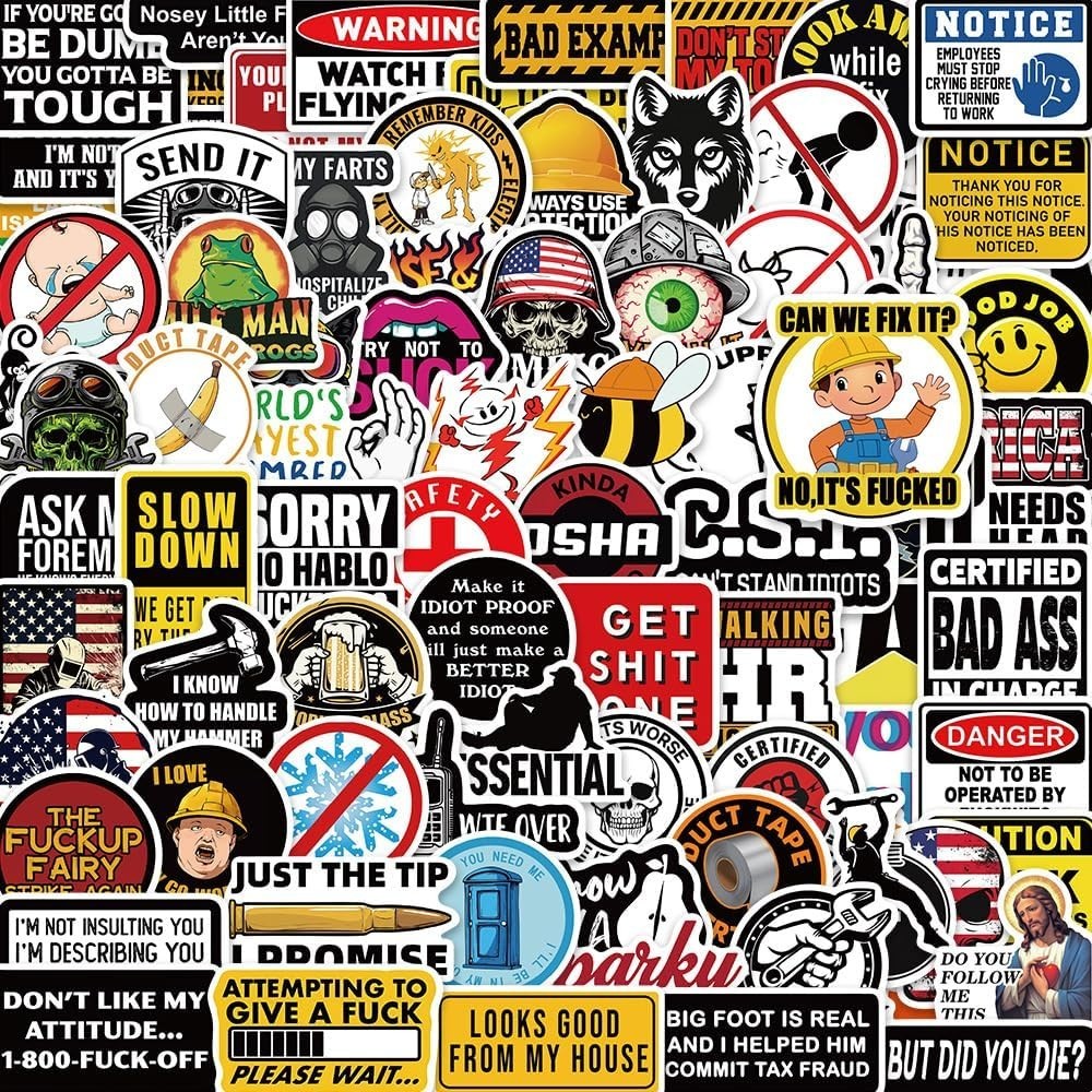 100pcs Funny Hard Hat Stickers (Dirty) for Adult Tool Box, Helmet, Black