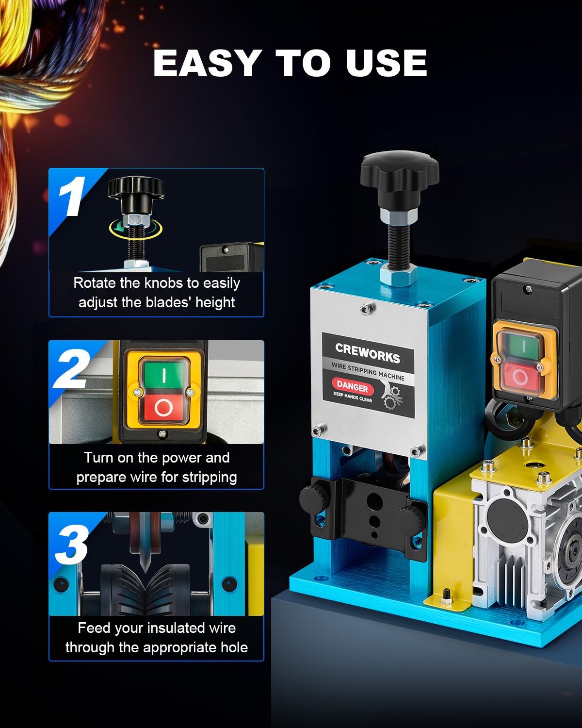 CREWORKS Portable Powered Electric Wire Stripping Machine 1/4HP Cable Stripper