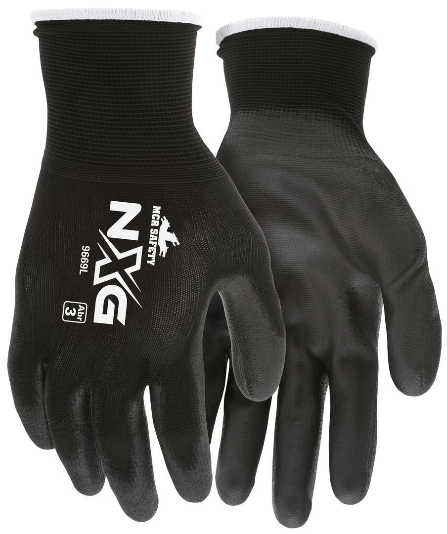 MCR Safety Work Gloves 13 Gauge Black Nylon Shell, Black Polyurethane Palm Dip