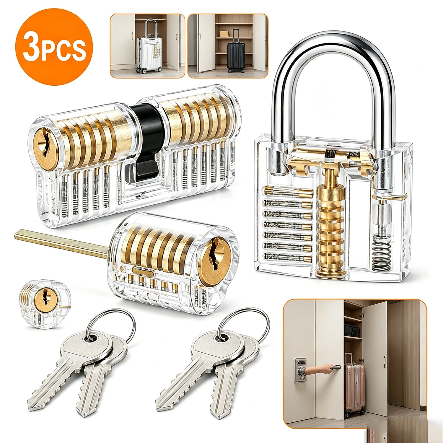 3PC Clear Acrylic Practice Lock Transparent Cutaway Pin Tumbler Training Set