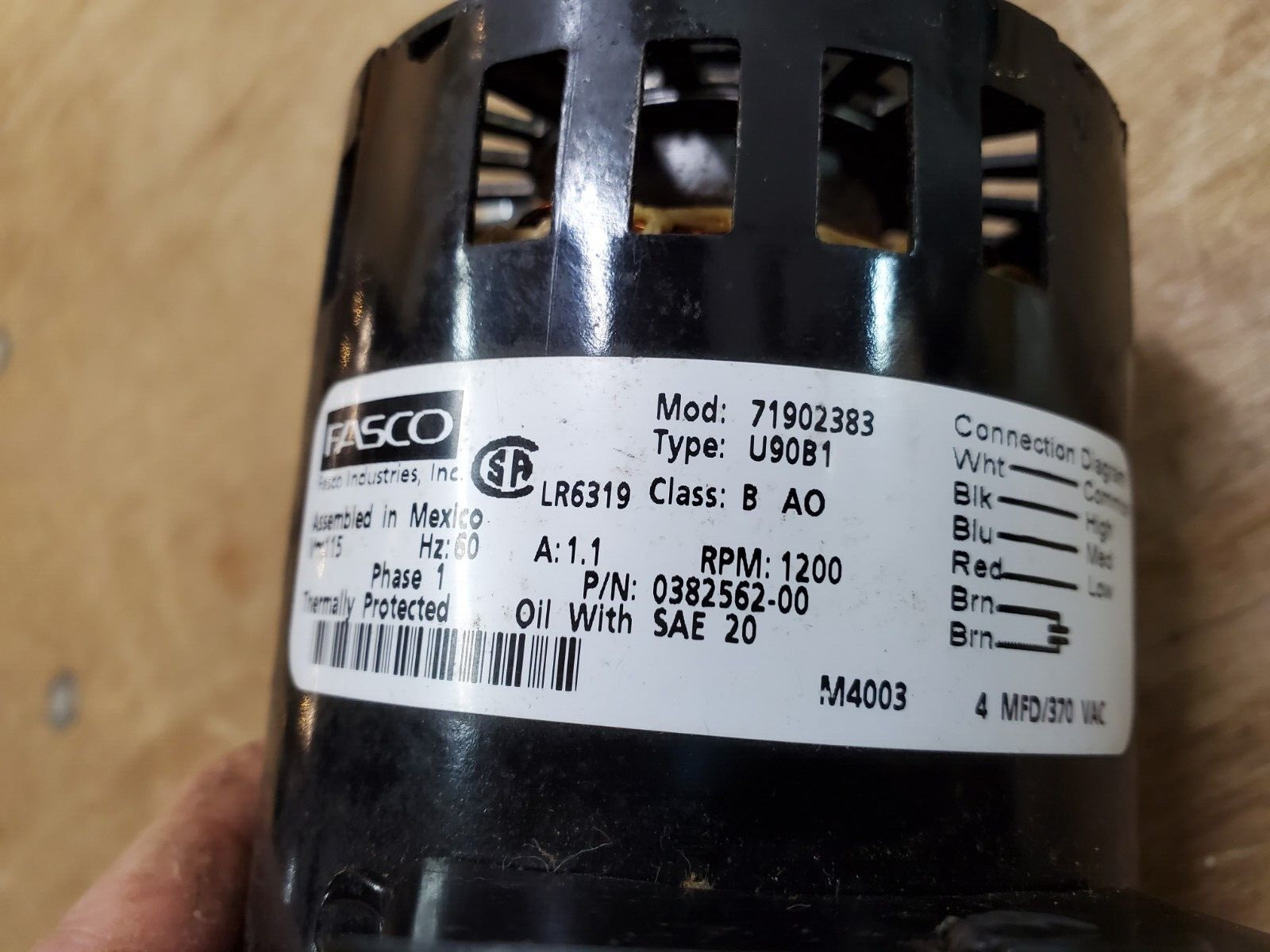 Fasco 0382562-00 Motor, 71902383 Type U90B1 LR6319 Class B AO 115V 1.1A 1200 RPM