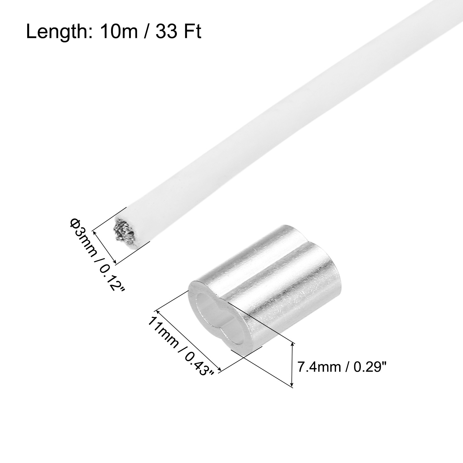 33Ft(10m) Wire Rope 1/8″(3mm) with 4Pcs Aluminum Sleeves White