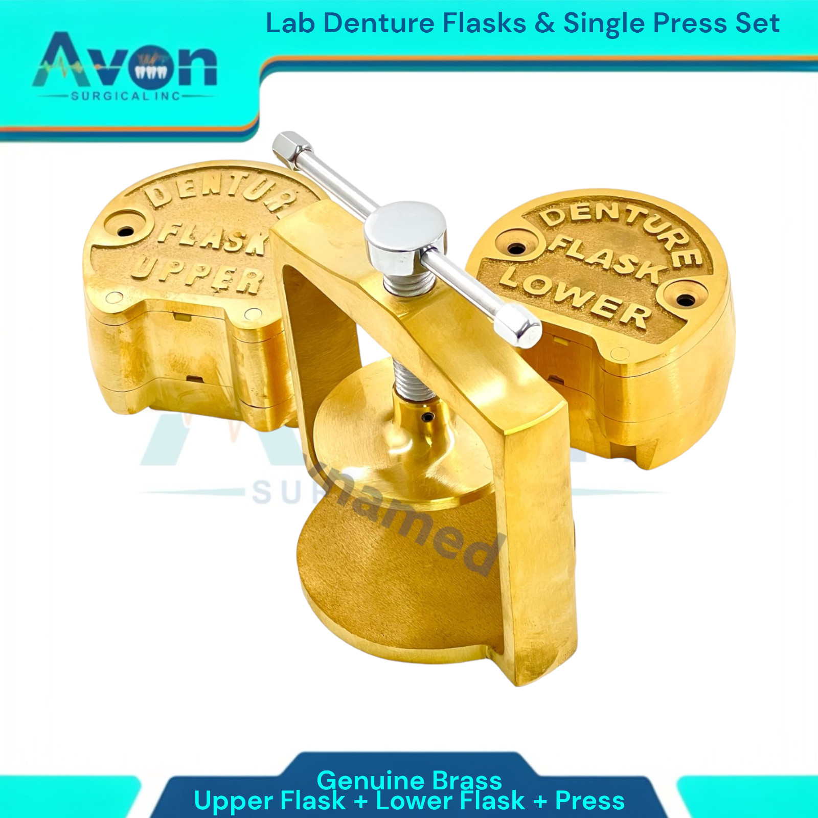 Set of 3 | Denture Compression Flask Press + Upper & Lower Flasks -Genuine Brass