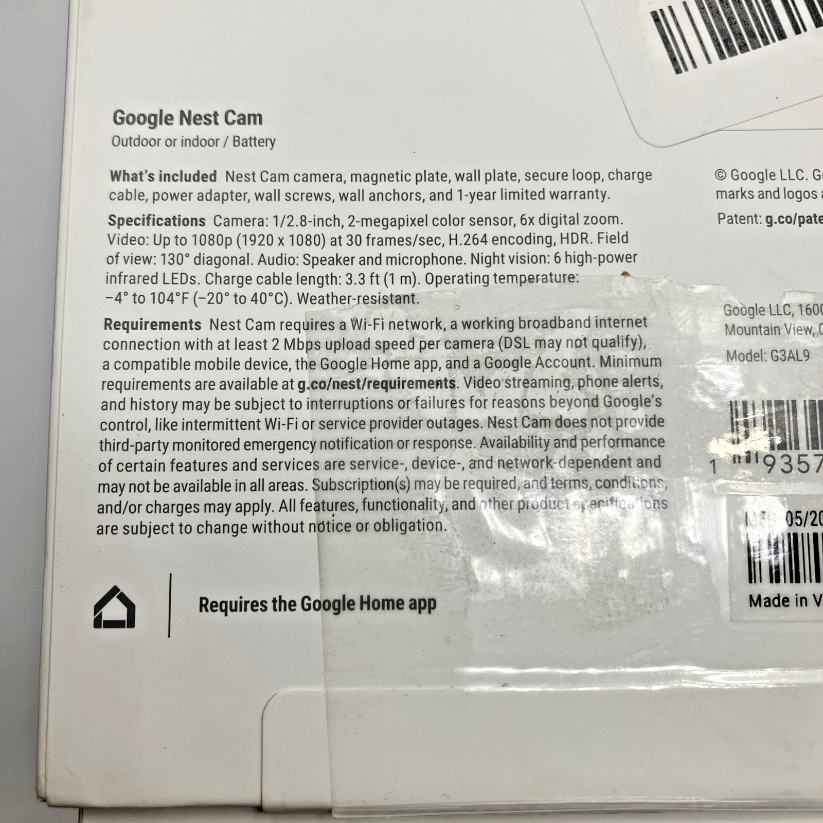 Google Nest Security Indoor Outdoor Camera G3AL9 (Snow) w/ box – Open Box Tested