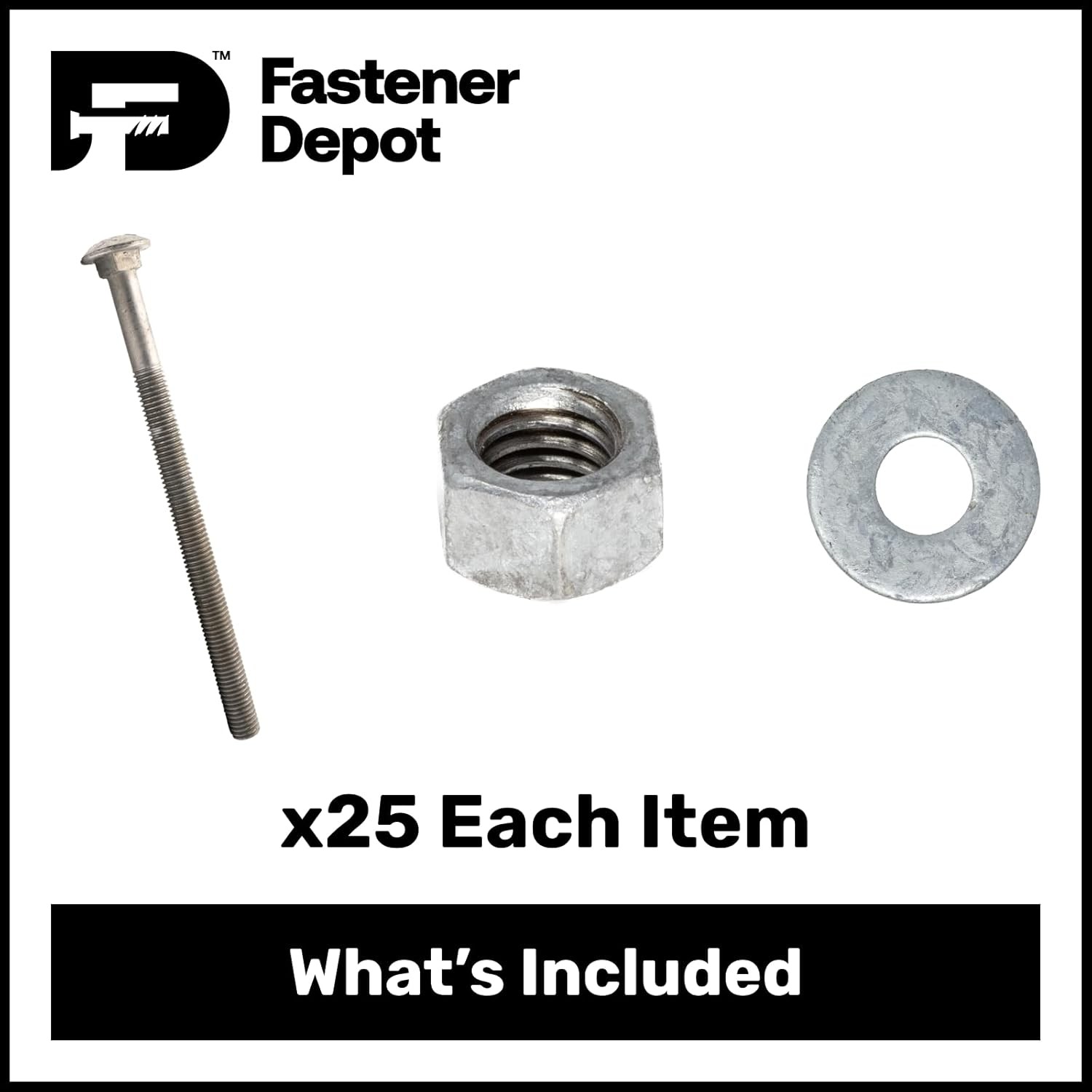 1/2”-13 x 6-1/2” Hot Dipped Galvanized Carriage Bolt Kit w/ Nuts & Washers (25x)
