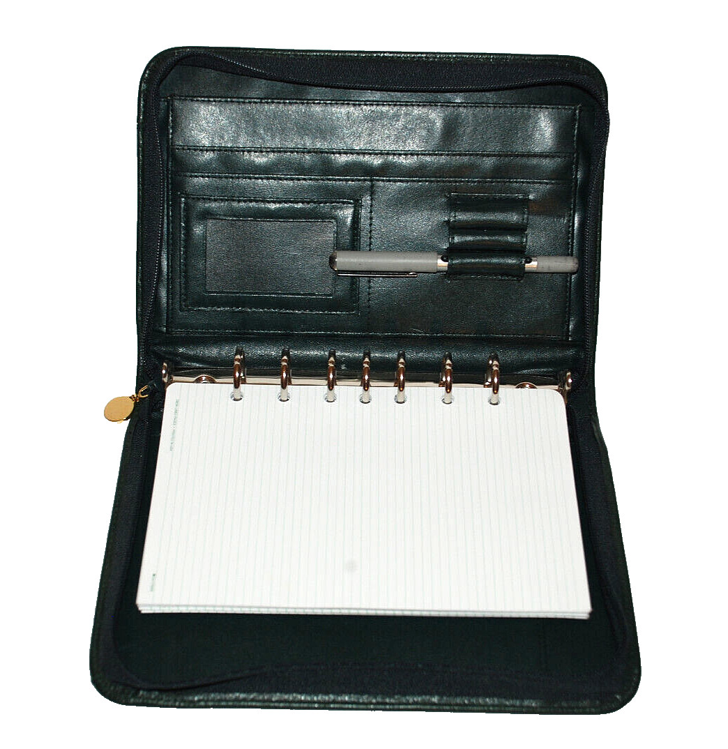 MUNDI PORTFOLIO Office Planner Organizer Green Leather 7 Ring Zip Around 10 x 7