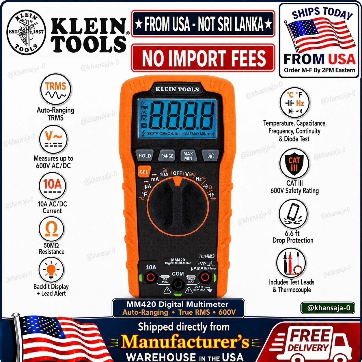 Klein Tools MM420 600V Digital Multimeter, TRMS Auto-Ranging, Temp🚚From USA🚚