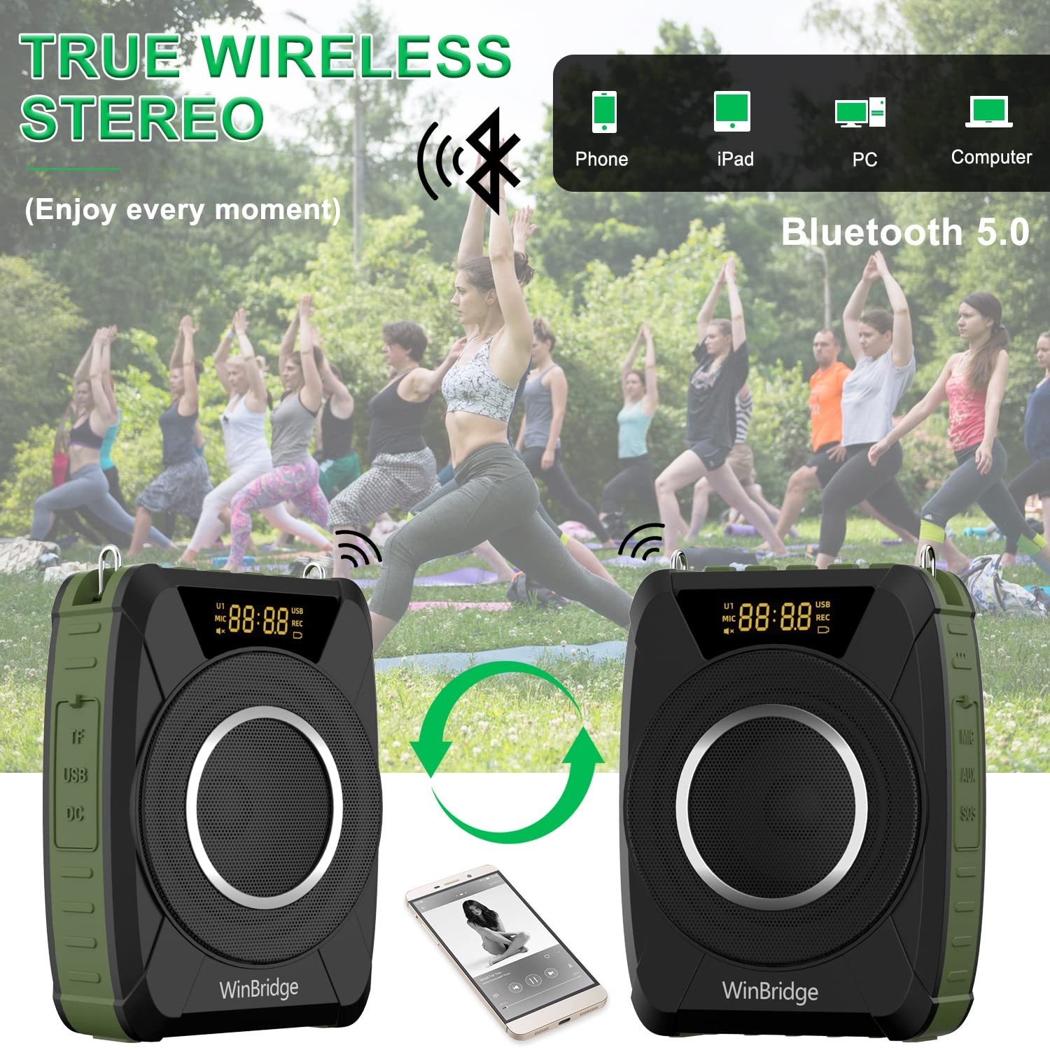 Bluetooth 5.0 Voice Amplifier with Wireless Mic Headset, Waterproof Personal