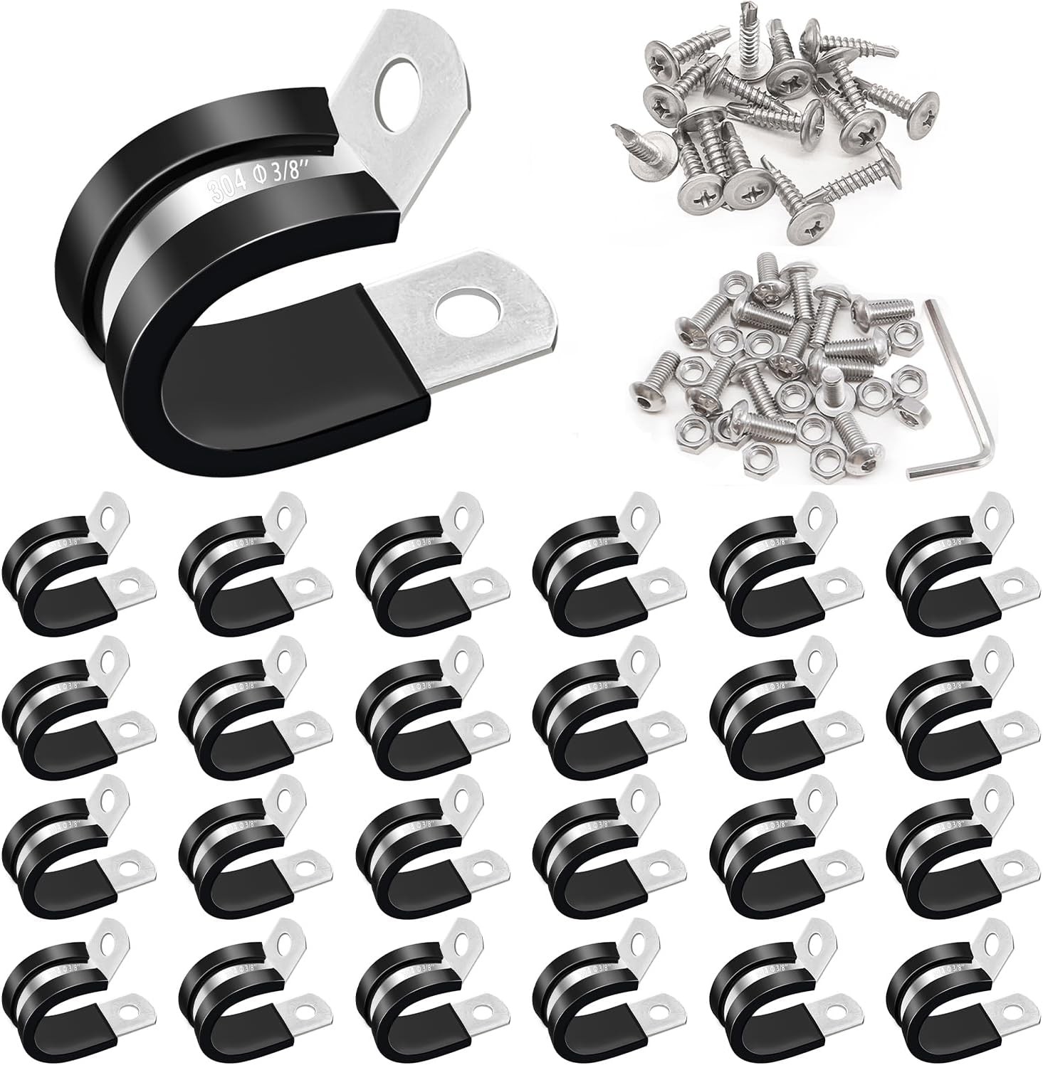 50PCS 3/8 Inch Cable Clamps 304 Stainless Steel Rubber Cushion Insulated Wire Cl