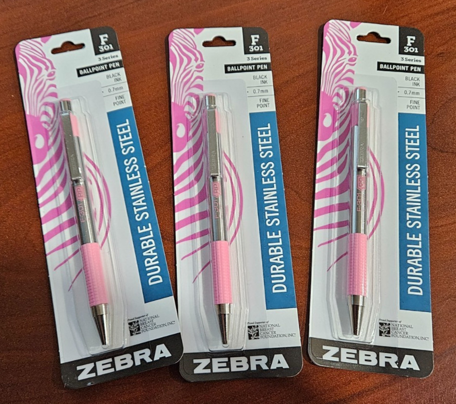 3 Zebra F-301 Stainless Steel Retractable Ballpoint Pen 0.7 BCA Pink Barrel F301