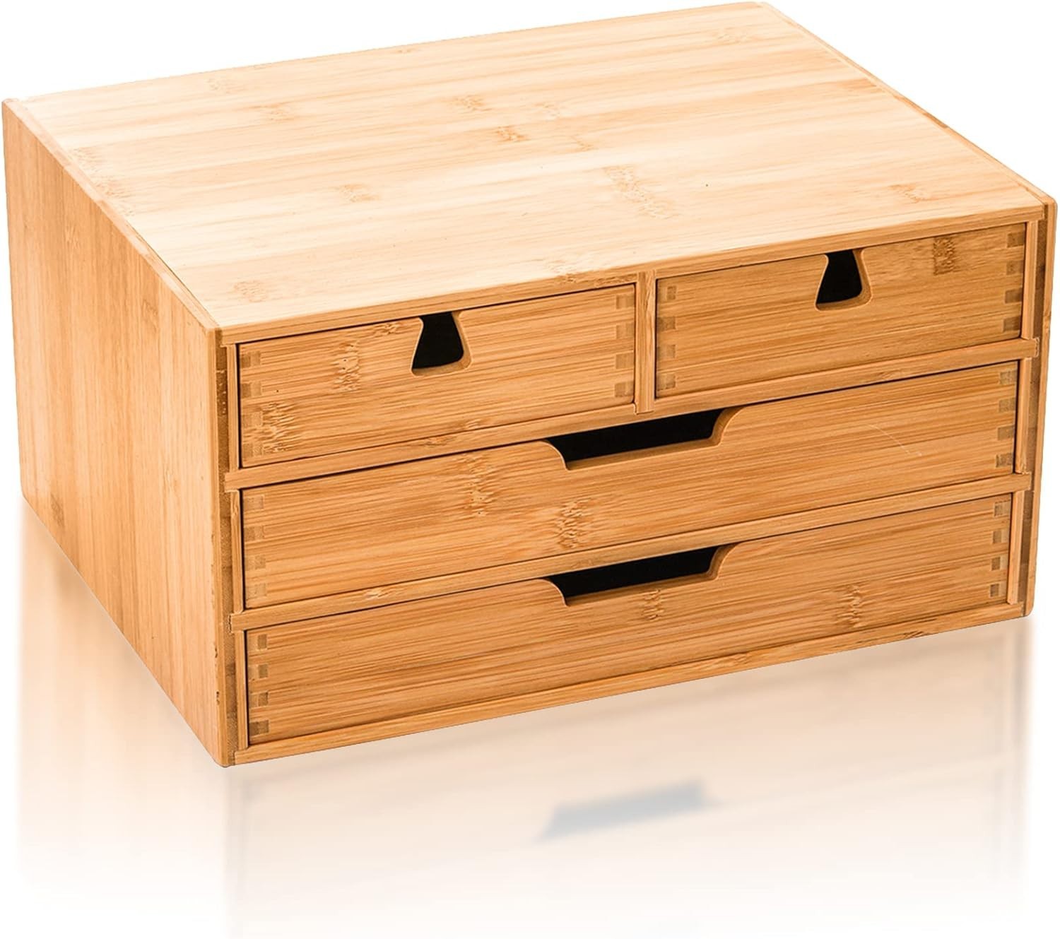 Bamboo Desk Organizer, Natural Bamboo Desktop Storage Box with 4 Drawers
