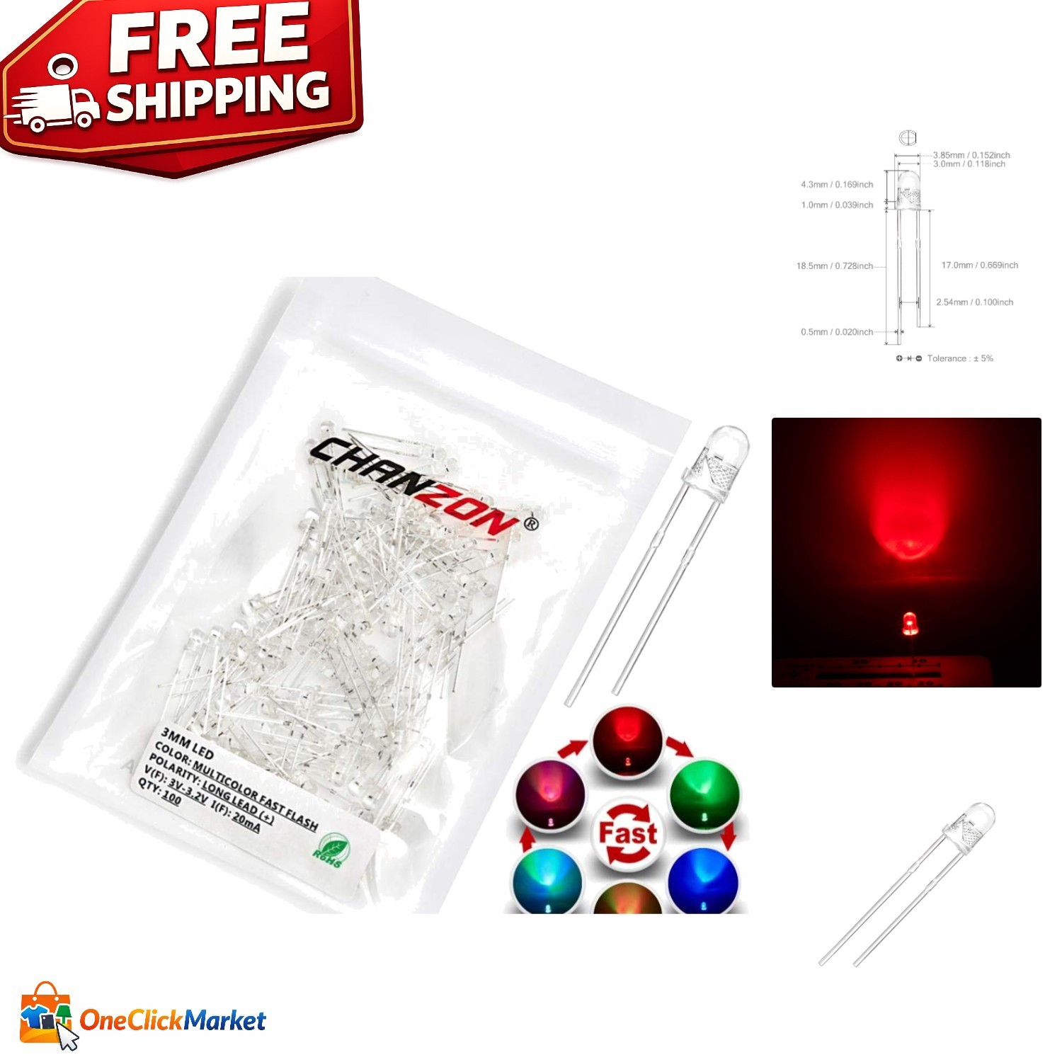 100 Pcs 3mm RGB LED Diodes – Fast Blinking Multicolor Lights for DIY Projects