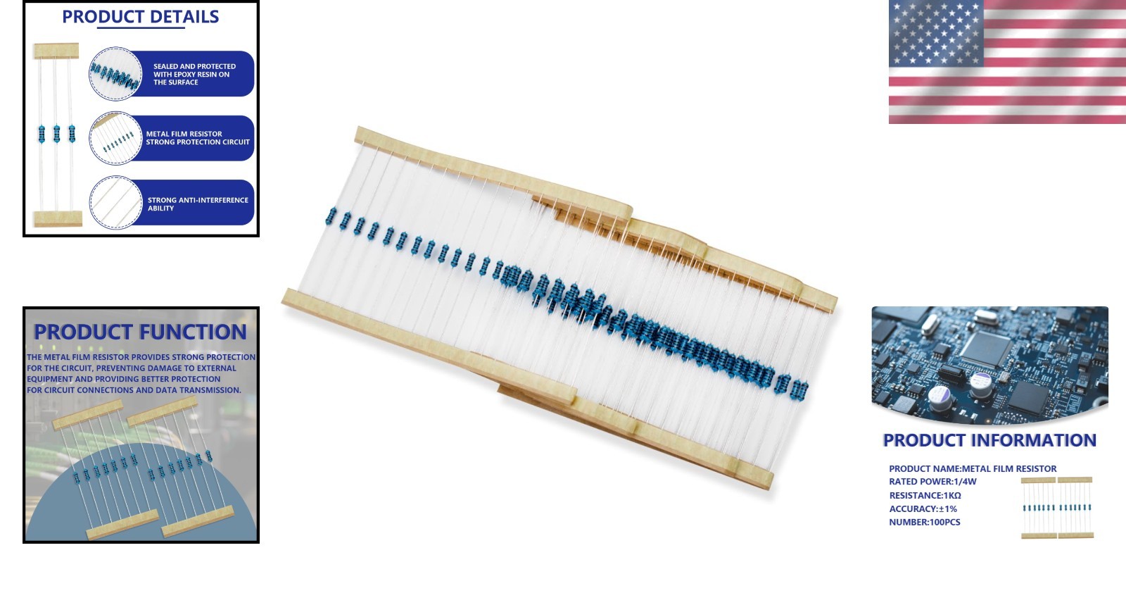 100 Pcs Clear Colored 1/4W 1K Ohm Metal Film Resistors for Easy Experimentation