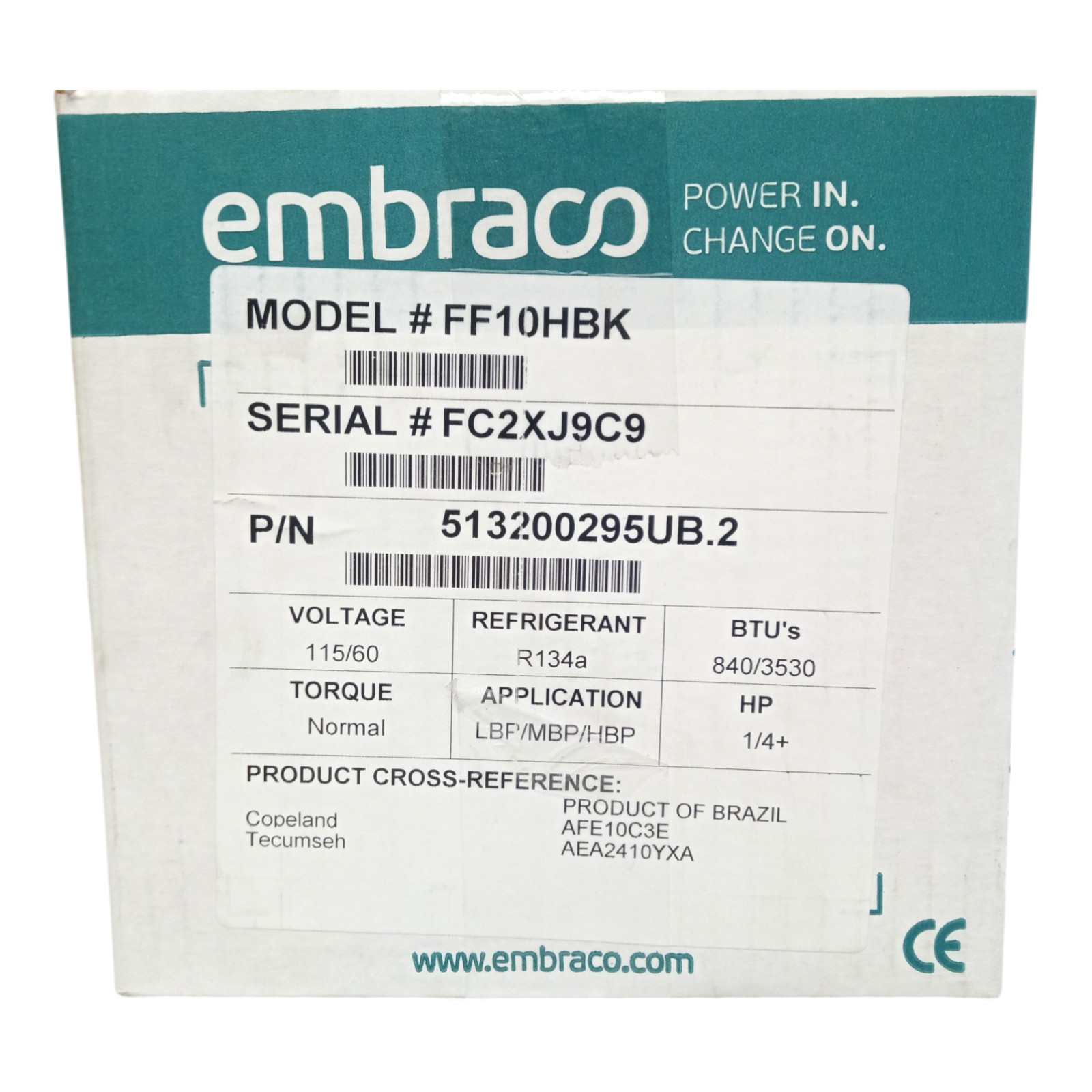 Embroco FF10HBK Refrigerator Compressor 1/4+HP L/MBP R-134a 115V