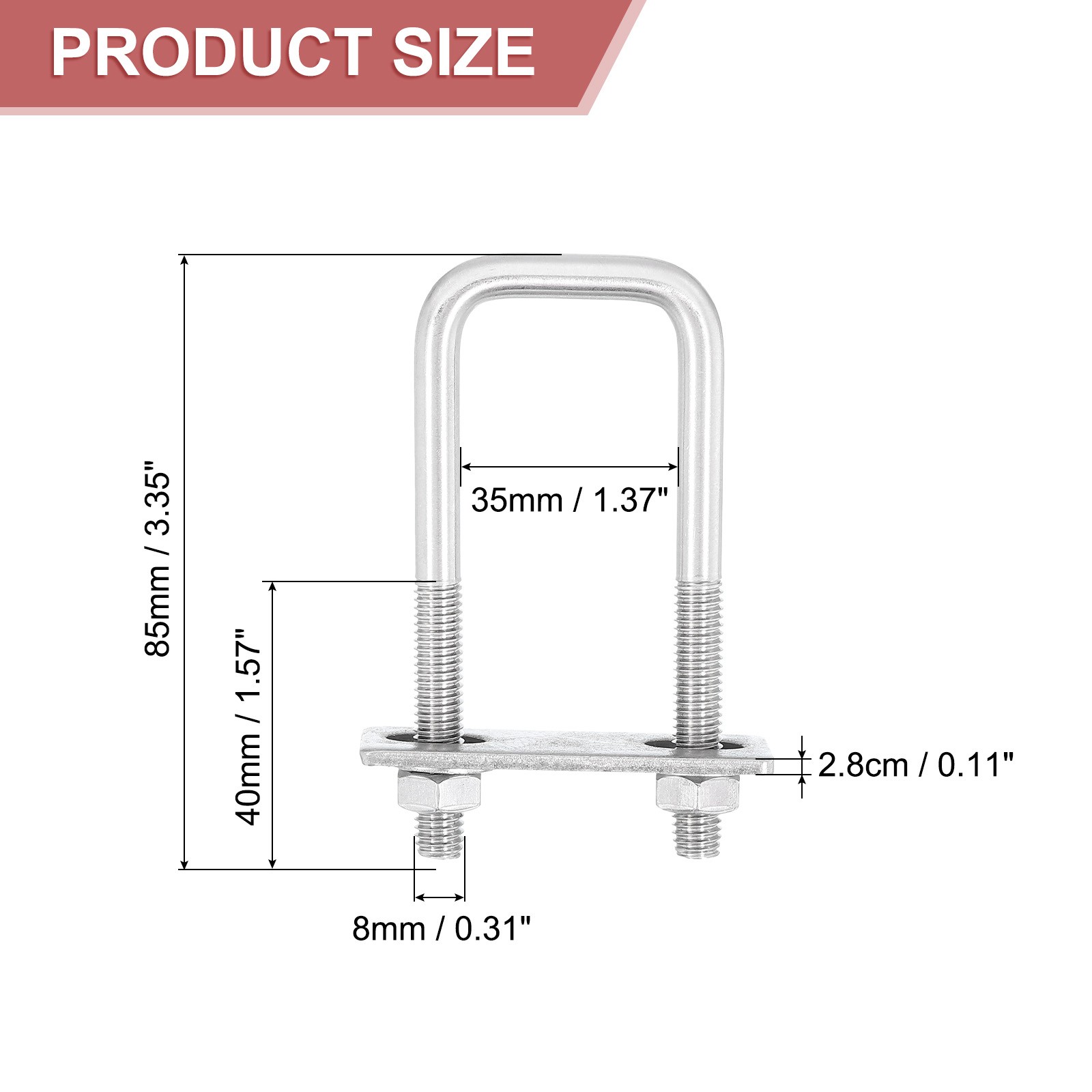 4 Sets 304 Stainless Steel Square U-Bolts 1.37″ Inner Width 3.35″ Length M8