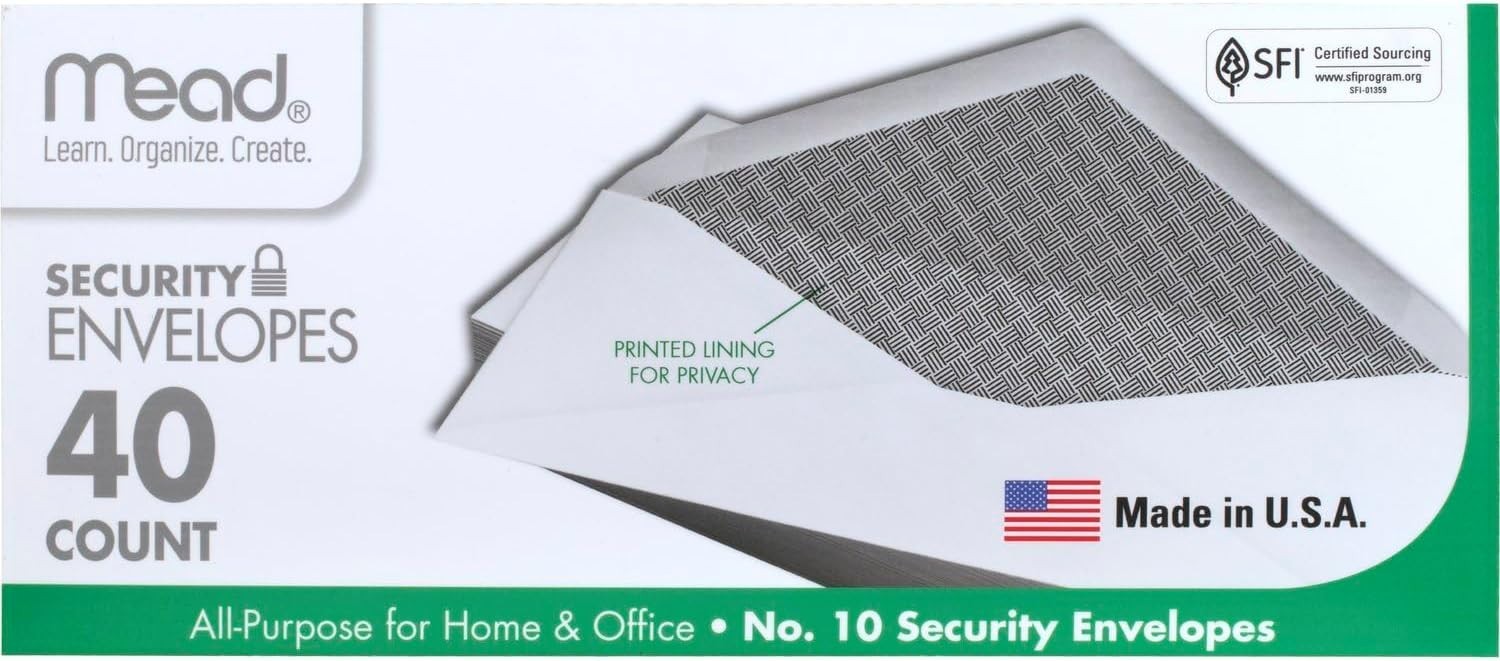 Mead #10 Envelopes, Letter Size, 4-1/8″ x 9-1/2″, Security Printed Lining for Pr