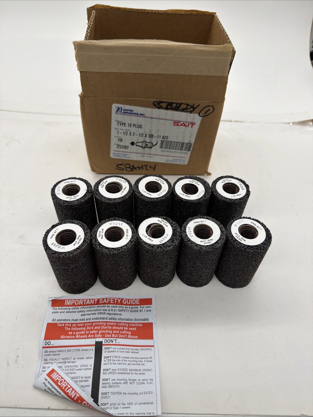 United Abrasives 25202 1-1/2×2-1/2×5/8-11 Aluminum Oxide Grinding Plug 10 pack