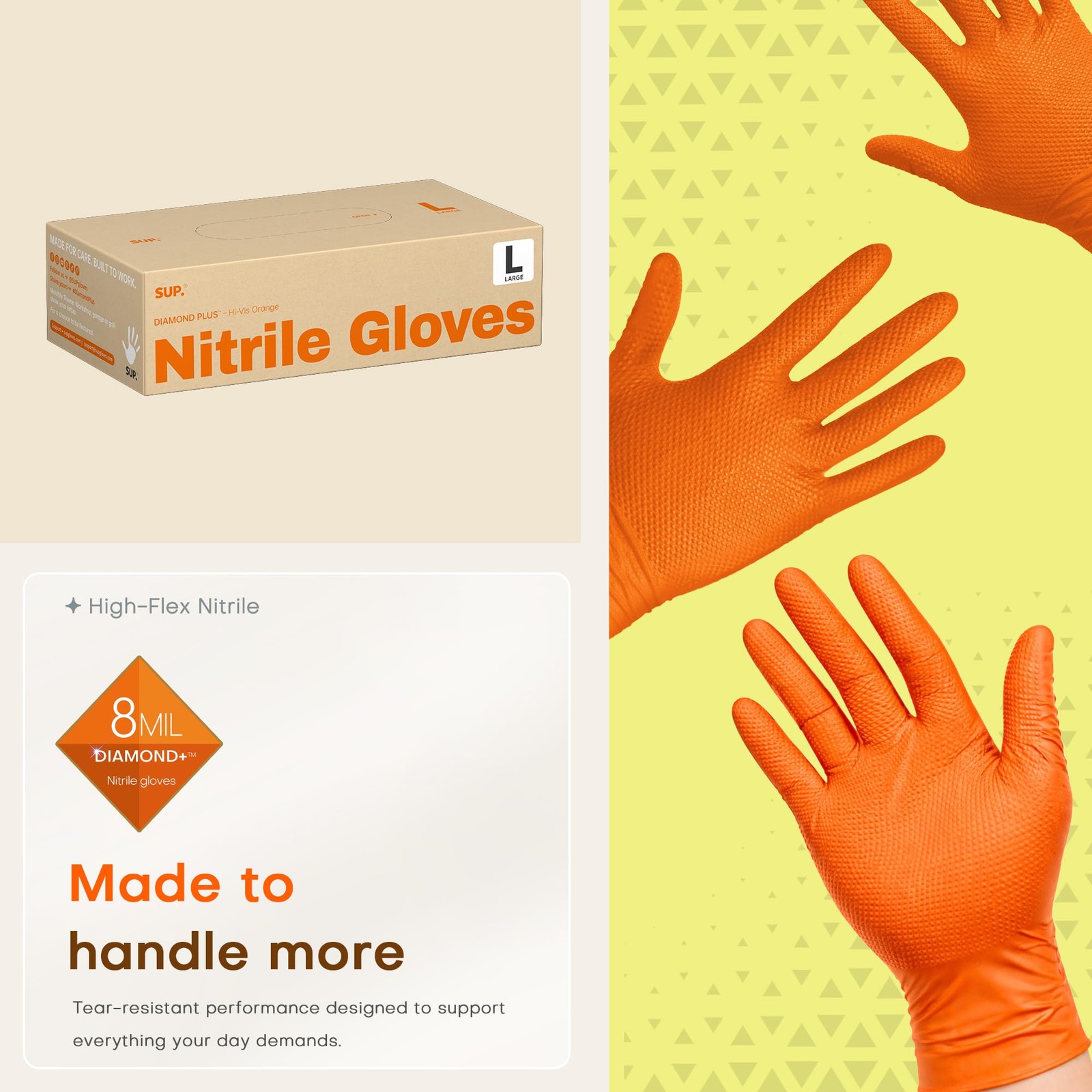 SUPER+ HEAVY DUTY Nitrile Gloves 8 Mil Diamond Texture Large, Large (Orange)