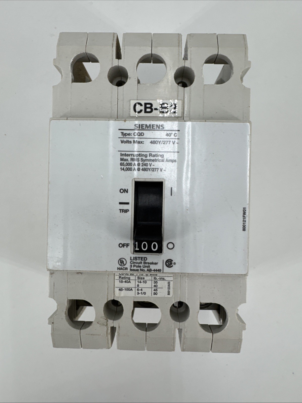 Siemens CQD3100 100Amps 3 Pole 480/277 V Circuit Breaker Used