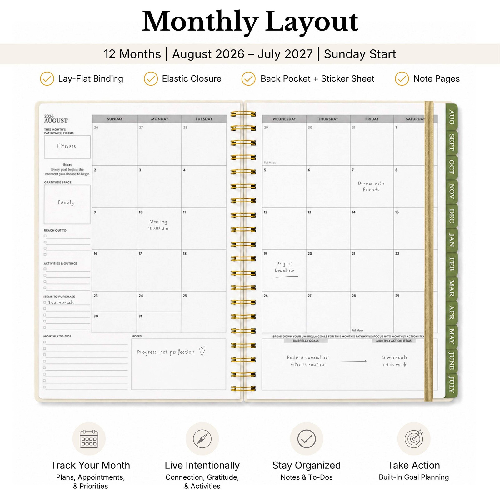 2026-2027 Mid-Year Monthly Weekly Spiral Planner B5 August Start Agenda