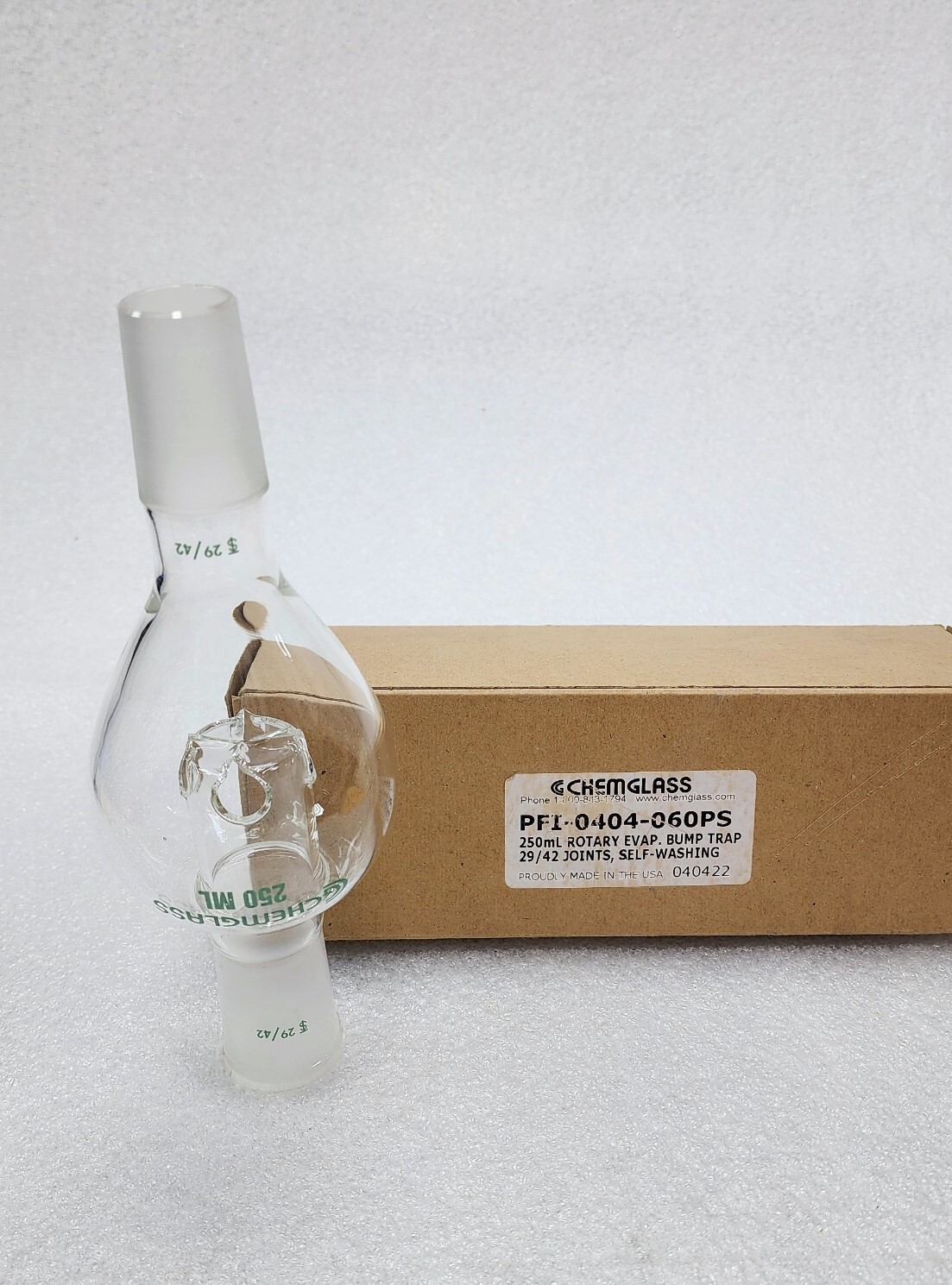 CHEMGLASS ROTARY EVAPORATOR BUMP TRAP SELF WASHING 29/42 Top Outer, 29/42 Lower