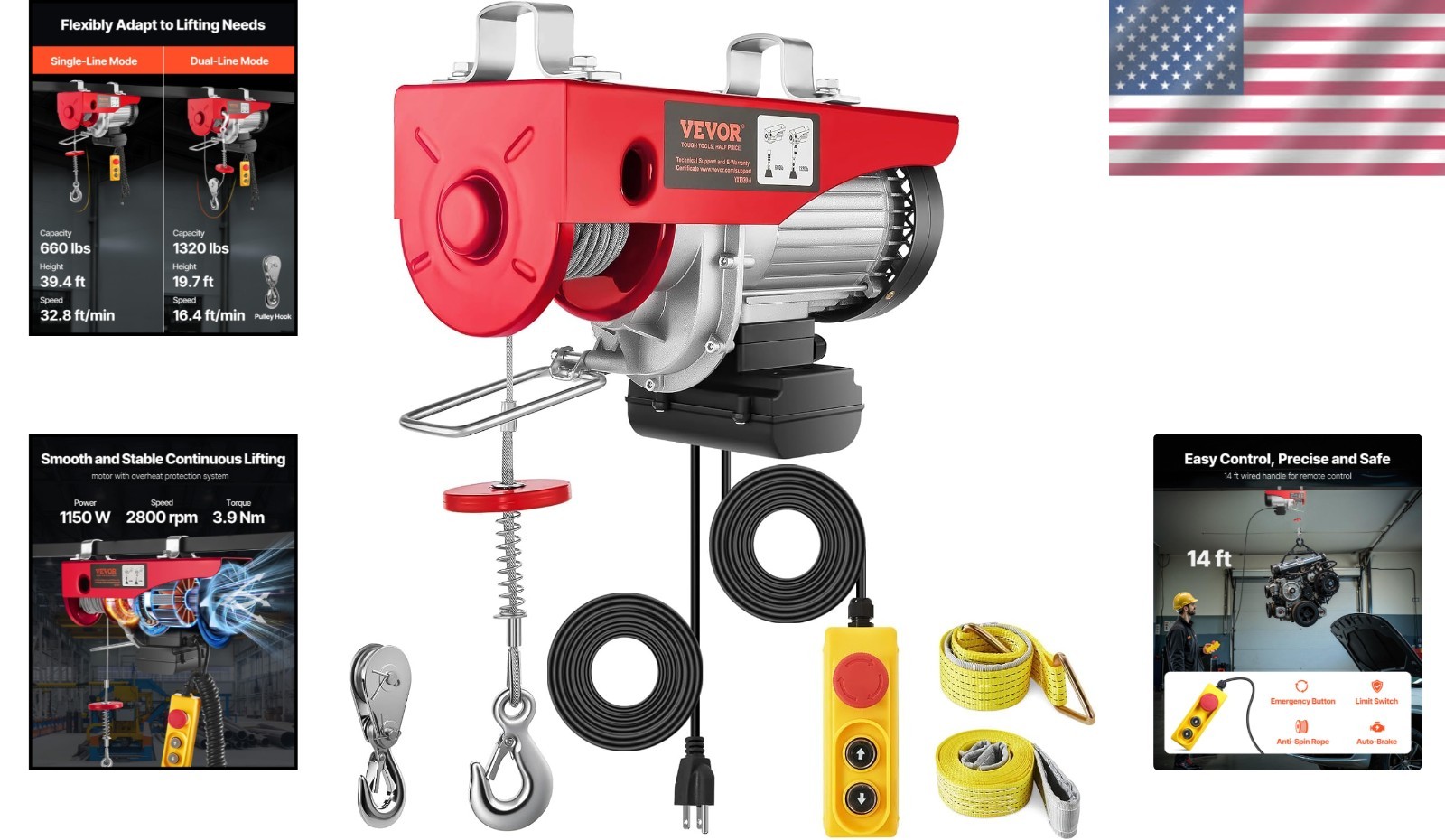 Electric Winch 1320LBS With Remote Control Heavy Duty Lifting Equipment