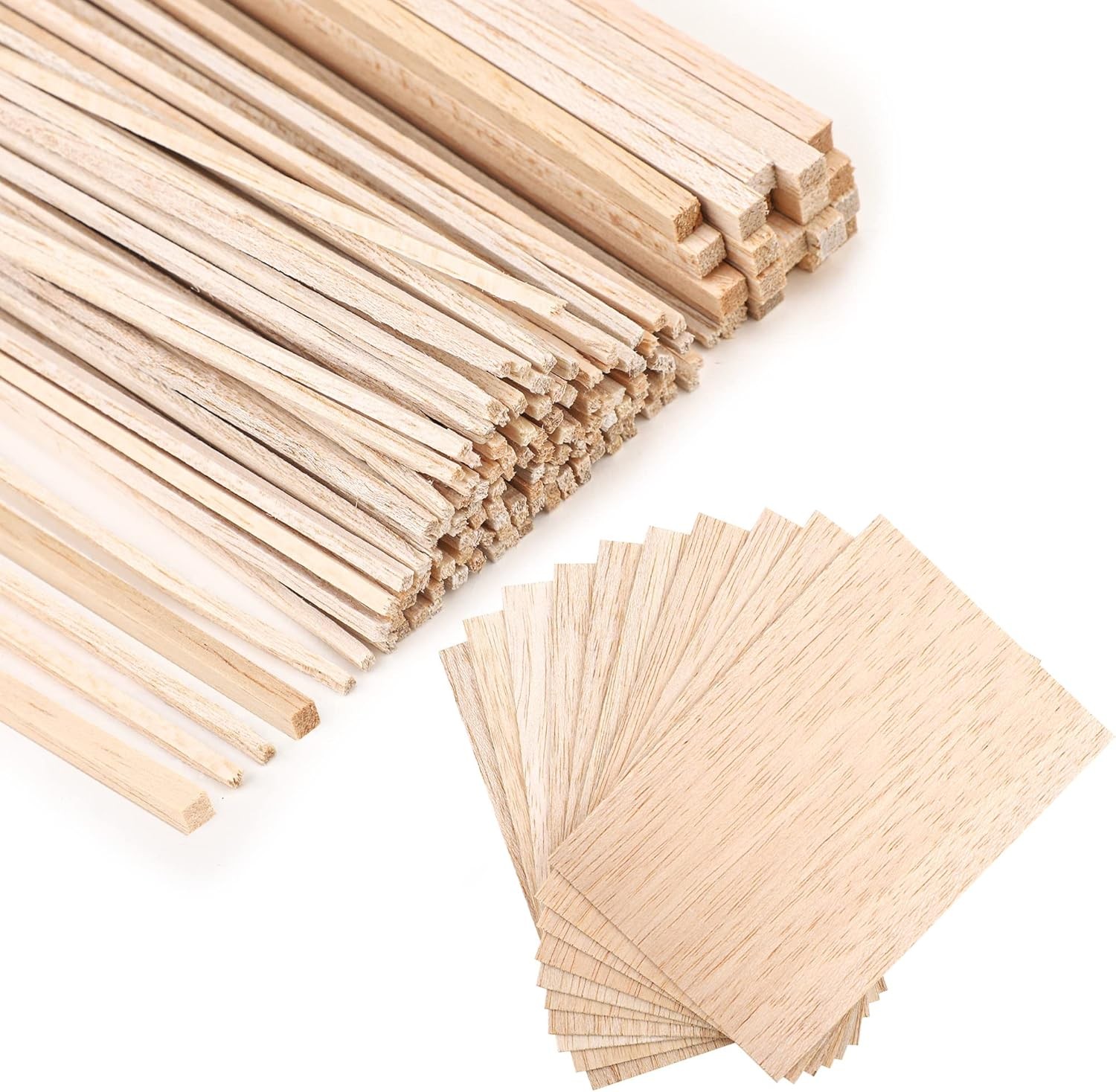 150 Pieces Balsa Wood Sticks Hardwood Square Wooden Craft and Sheets