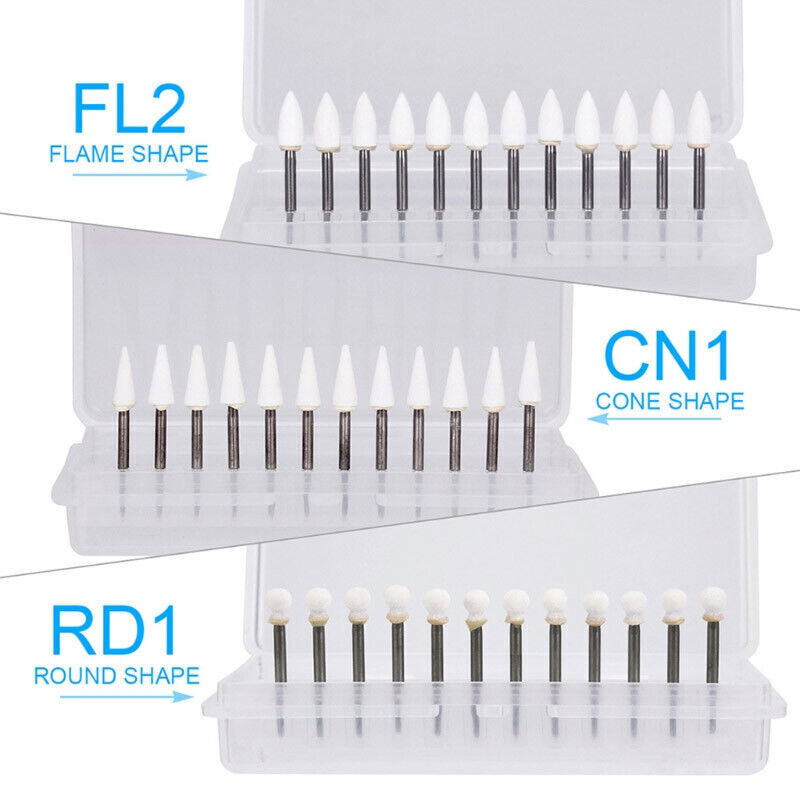12Pcs/Box Dental White Stone High Speed Polishing Burs FG Cone/Flame/Round Shape