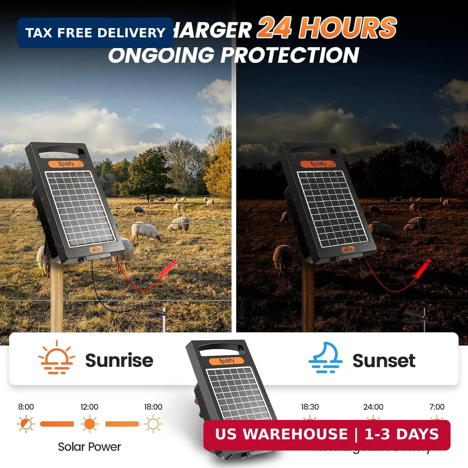 24 Hour Solar Electric Fence Charger, 10 Miles, Up to 10200v Output Range Electr