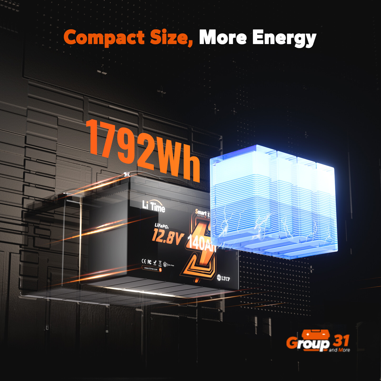 LiTime 12V 140Ah Bluetooth Low Temp LiFePO4 Lithium Battery 1920W For RV Marine