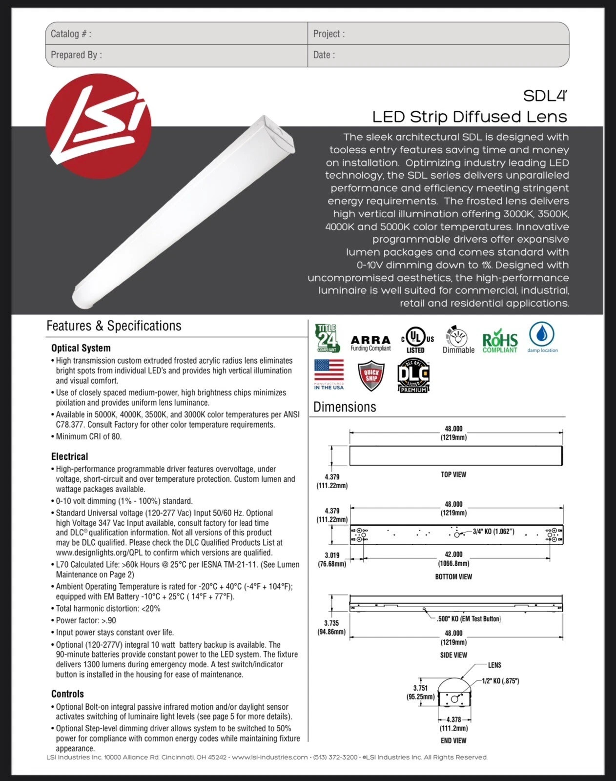LSI SDL4 LED Strip Light Fixture 4FT – 54W – 0‑10V Dimmable – USA Made – New