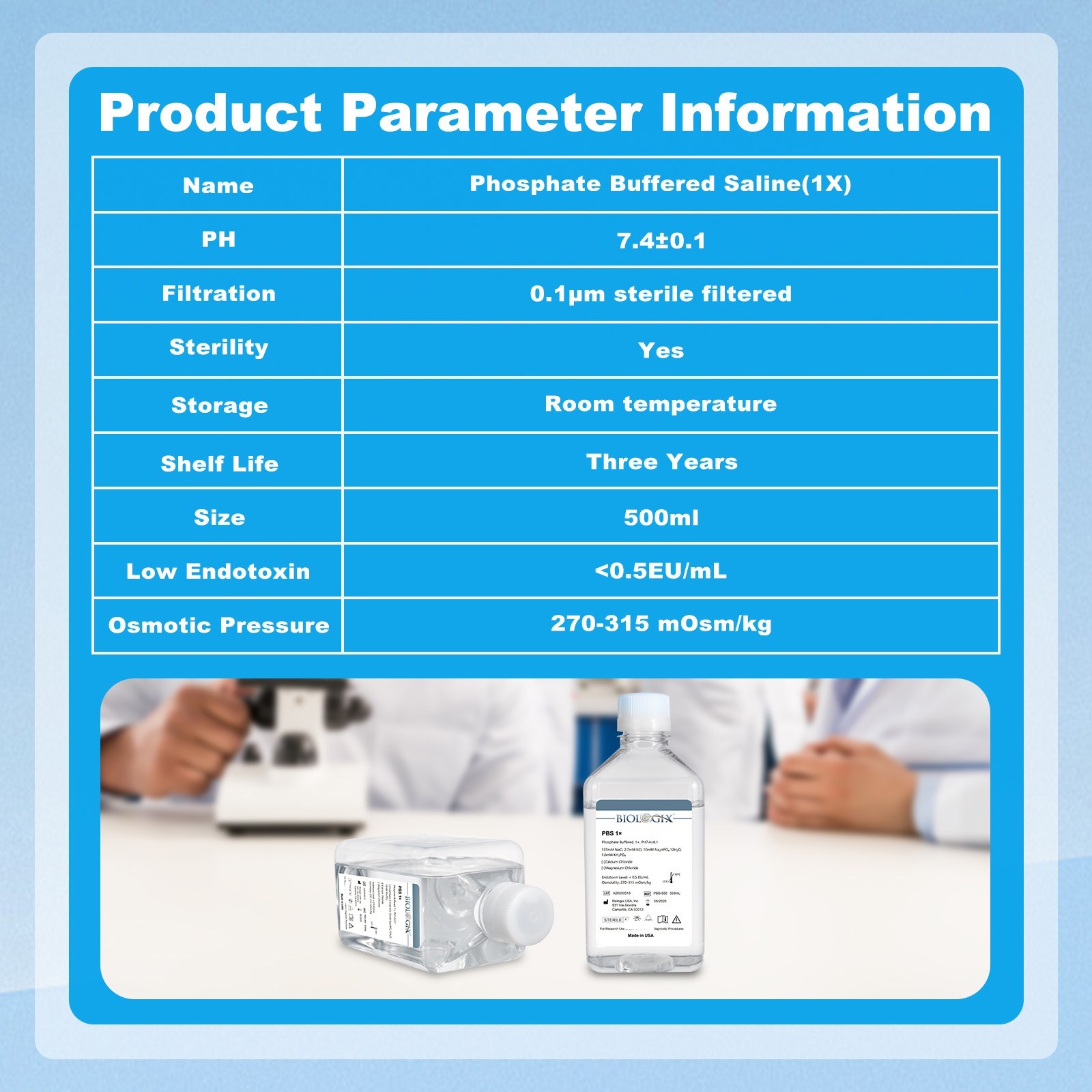 Biologix® PBS Buffer (1×), pH7.4, Low Endotoxin, 500mL/Bottle, 10 Bottles/Case