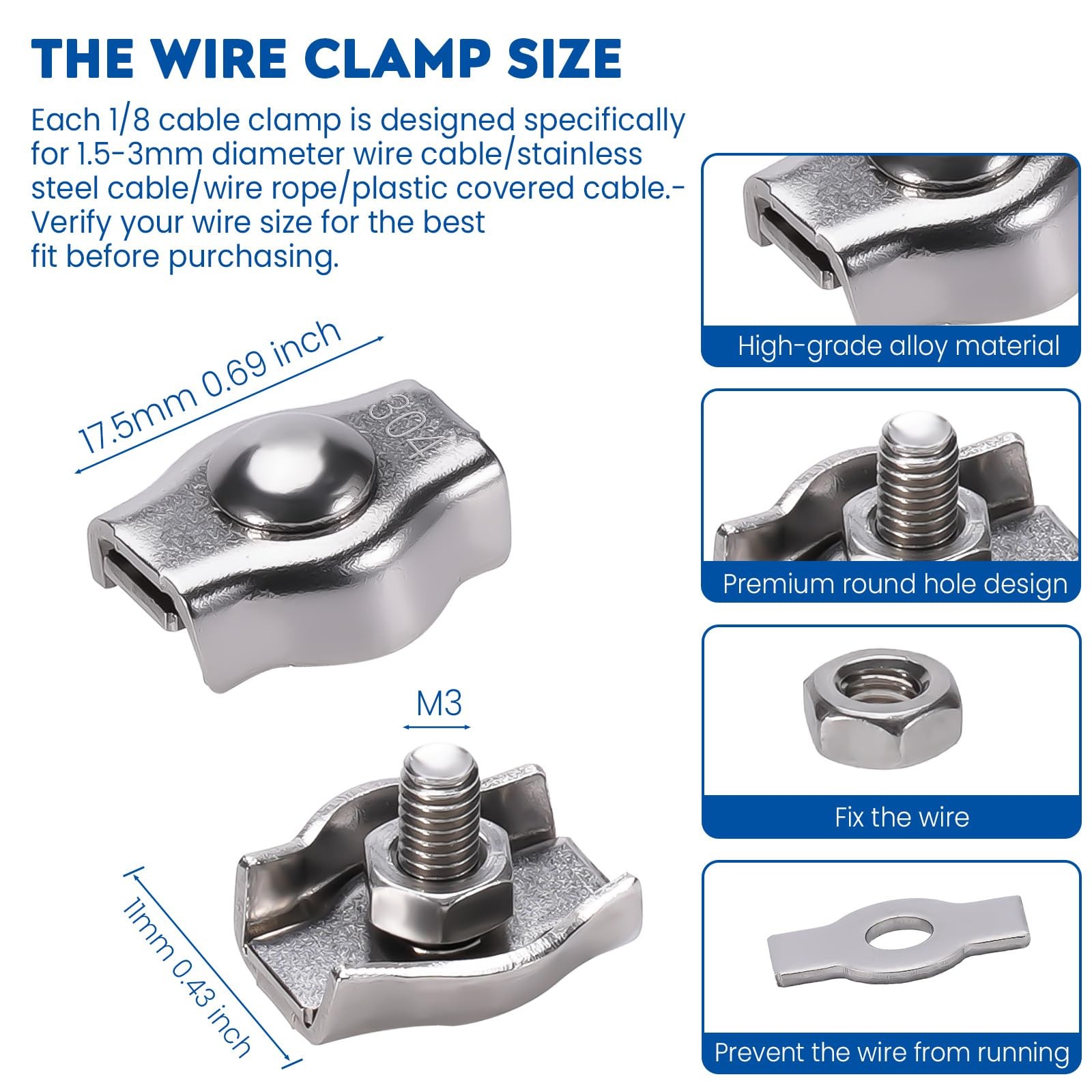 8PCS 1/8 Inches M3 304 Stainless Steel Wire Rope Cable Clip 8PCS-M3(1.5-3mm)