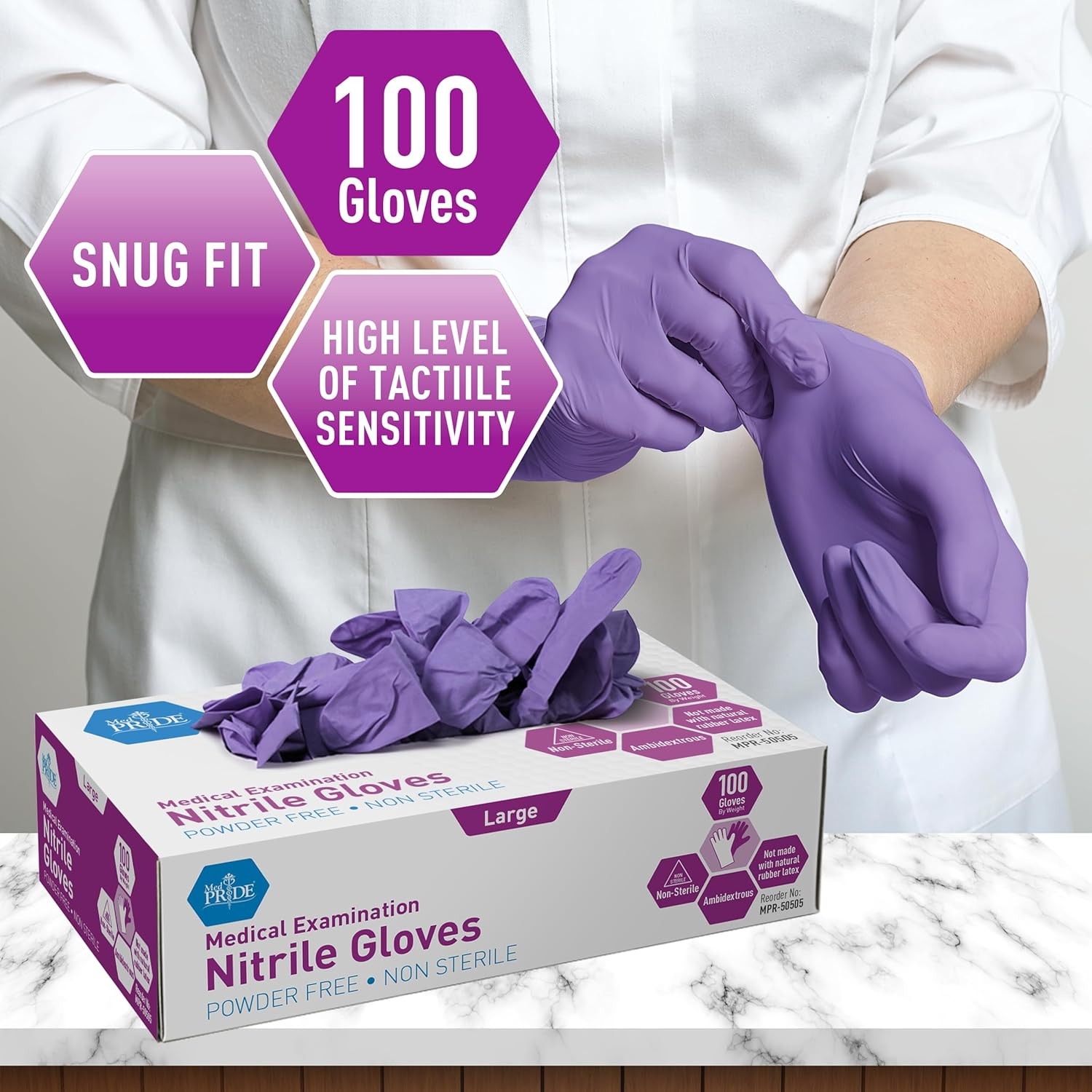 Powder Free Nitrile Exam Gloves Large Size Pack of 100 Med Pride Gloves