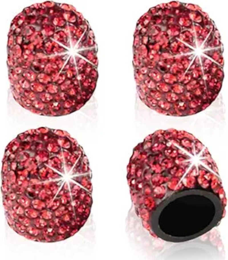 4PCS Crystal Rhinestone Tire Valve Caps, Handmade Dustproof Stem Co Color: Red