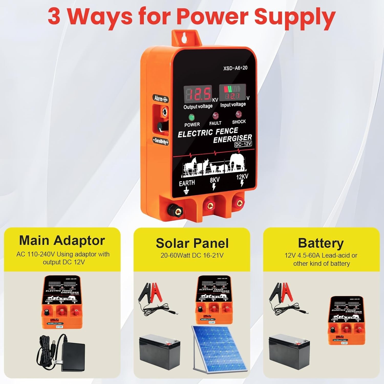 9J Electric Fence Charger Energizer, 9 Joules 400 Acres, AC DC 2 in 1 Powered Su